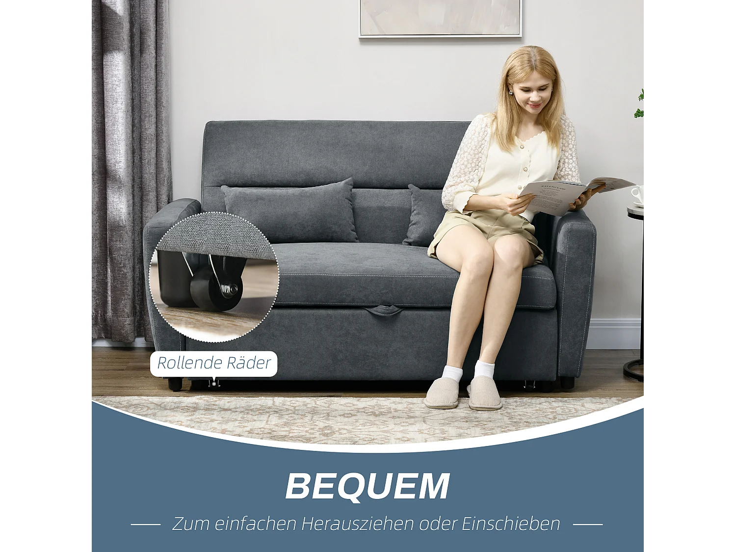 2-zits slaapbank met bedfunctie, verstelbare rugleuning, decoratieve fluwelen kussens, grijs (155x90x88,5 cm)