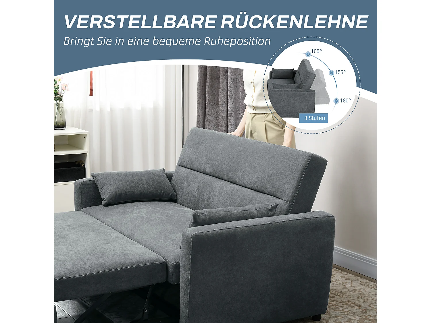 2-zits slaapbank met bedfunctie, verstelbare rugleuning, decoratieve fluwelen kussens, grijs (155x90x88,5 cm)