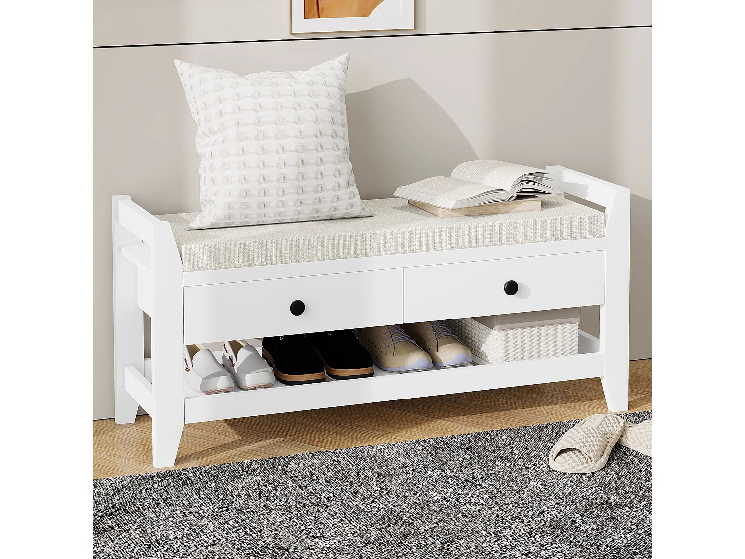 Banco zapatero moderno con asiento y espacio de almacenaje, superficie acolchada suave, zapatero para entrada, MDF, blanco (101 x 35 x 50 cm)