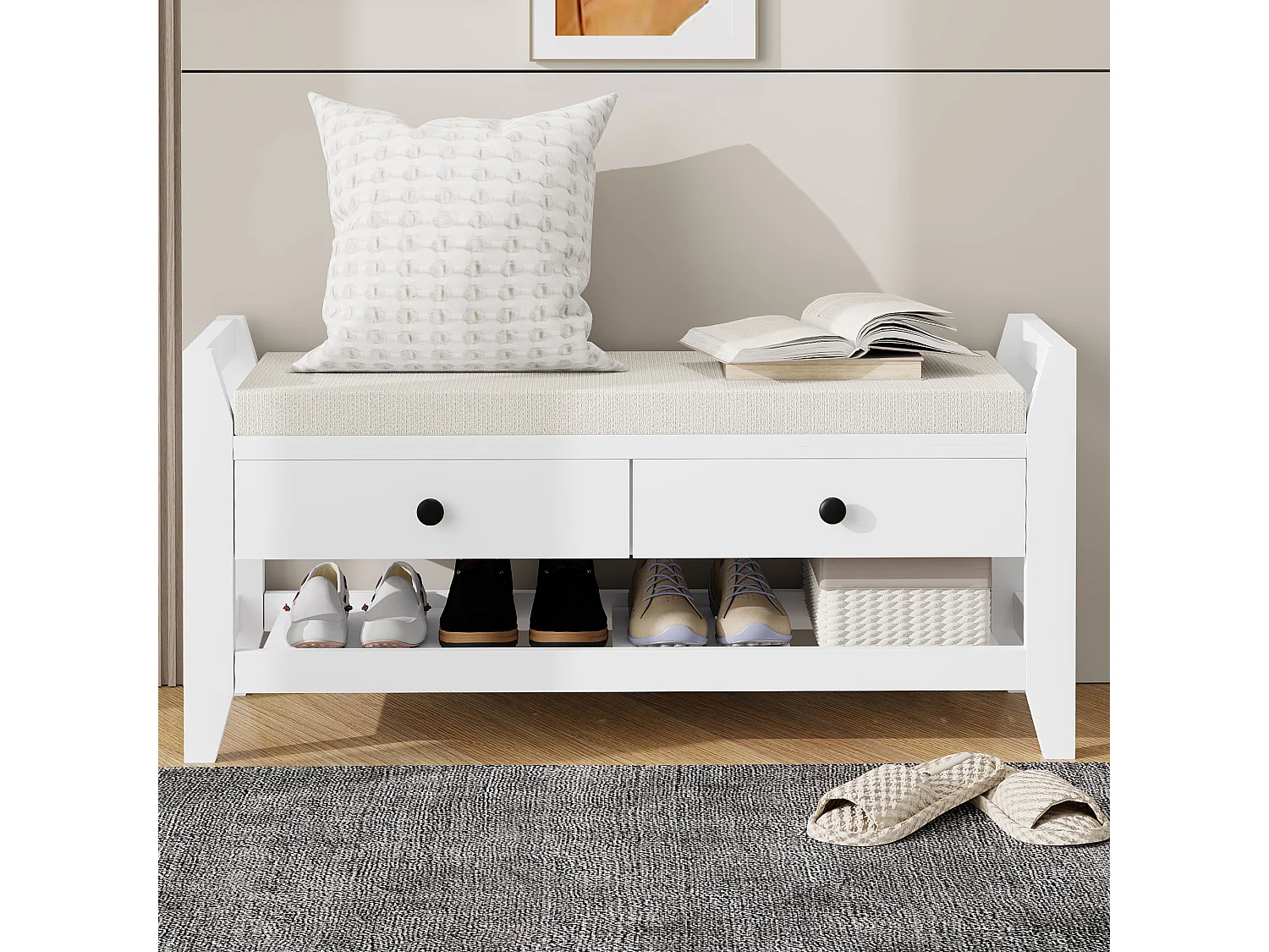 Banco zapatero moderno con asiento y espacio de almacenaje, superficie acolchada suave, zapatero para entrada, MDF, blanco (101 x 35 x 50 cm)
