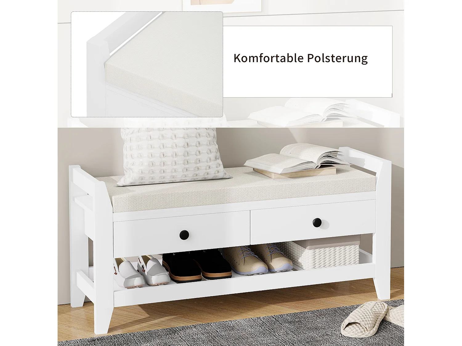 Banco zapatero moderno con asiento y espacio de almacenaje, superficie acolchada suave, zapatero para entrada, MDF, blanco (101 x 35 x 50 cm)