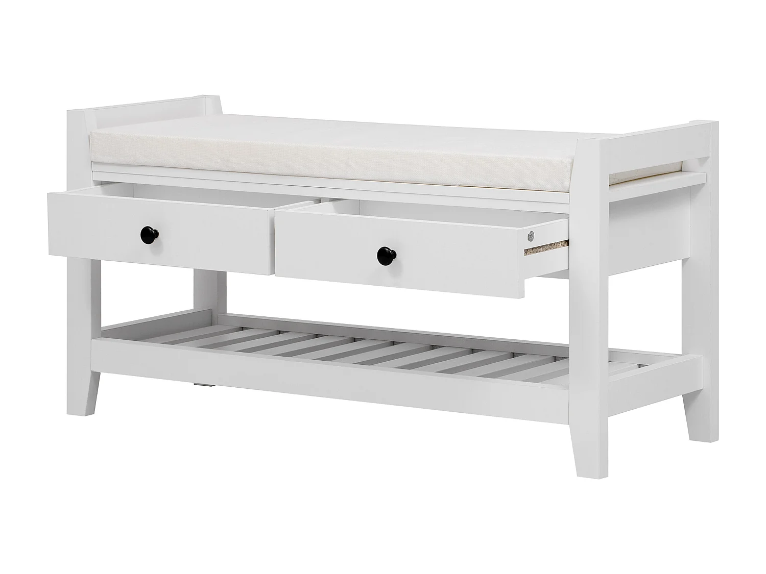 Banco zapatero moderno con asiento y espacio de almacenaje, superficie acolchada suave, zapatero para entrada, MDF, blanco (101 x 35 x 50 cm)