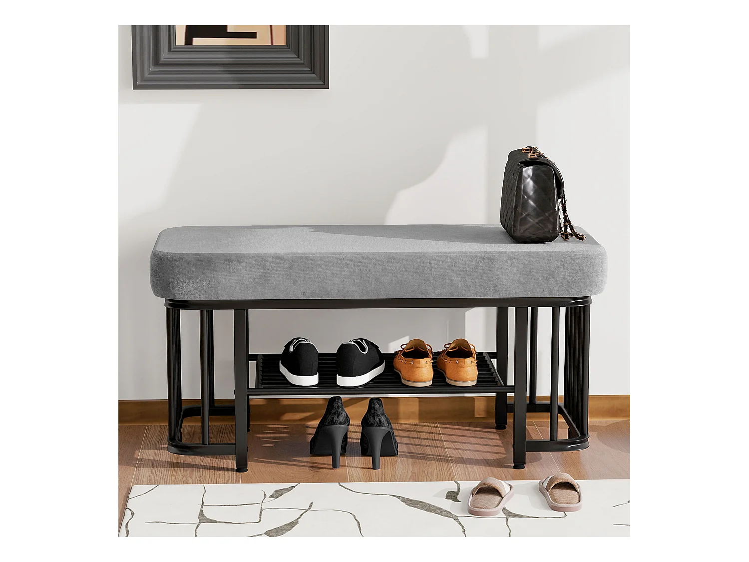 Banc à chaussures moderne avec assise en velours et structure métallique stable, pieds réglables, gain de place, gris et noir (80x35x39.5 cm)