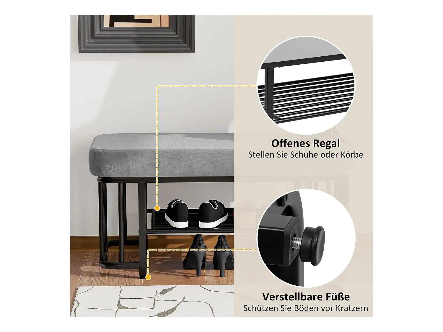 Banc à chaussures moderne avec assise en velours et structure métallique stable, pieds réglables, gain de place, gris et noir (80x35x39.5 cm)