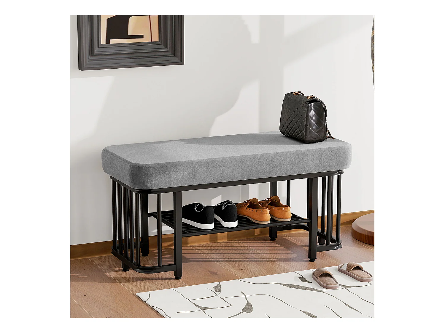 Banc à chaussures moderne avec assise en velours et structure métallique stable, pieds réglables, gain de place, gris et noir (80x35x39.5 cm)