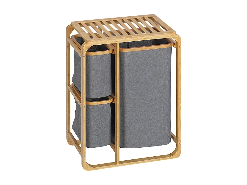 Wäschekorb mit Plattform, 3 herausnehmbare Taschen, Bambus und Polyester, grau+natur (50x32x69,7 cm)