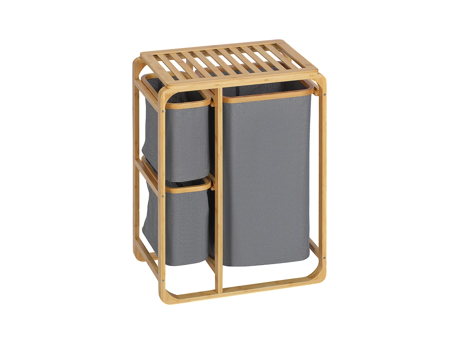 Wasmand met platform, 3 uitneembare zakken, bamboe en polyester, grijs+naturel (50x32x69,7 cm)