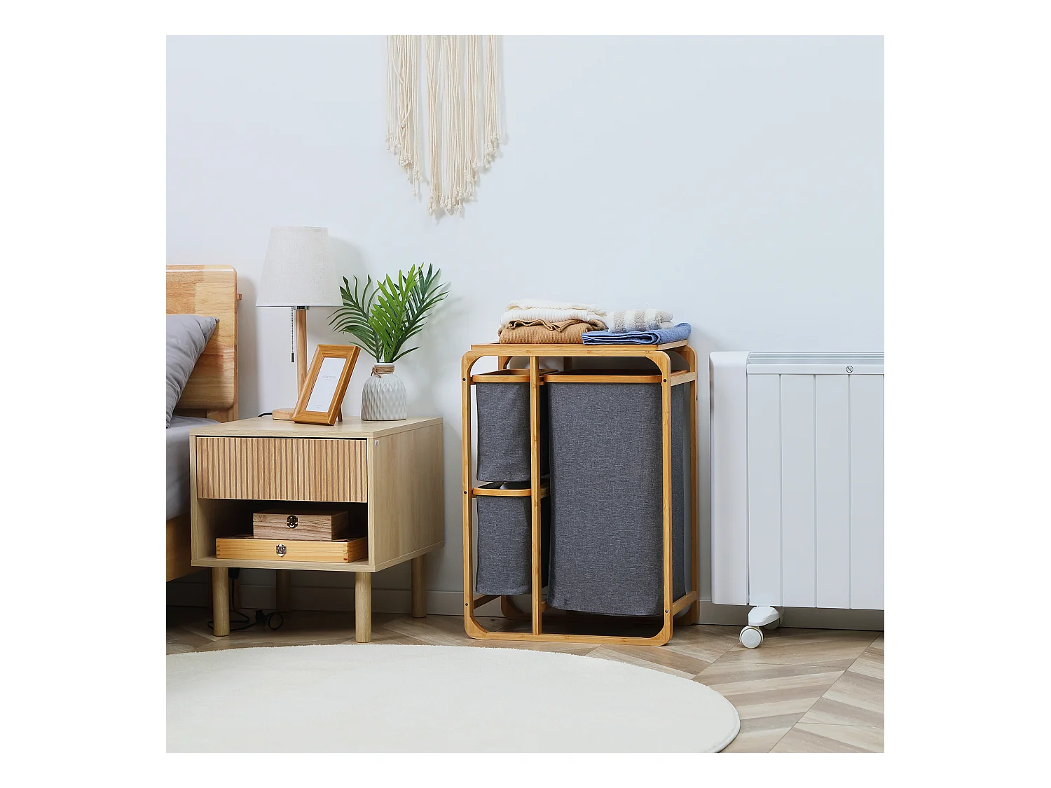 Wasmand met platform, 3 uitneembare zakken, bamboe en polyester, grijs+naturel (50x32x69,7 cm)