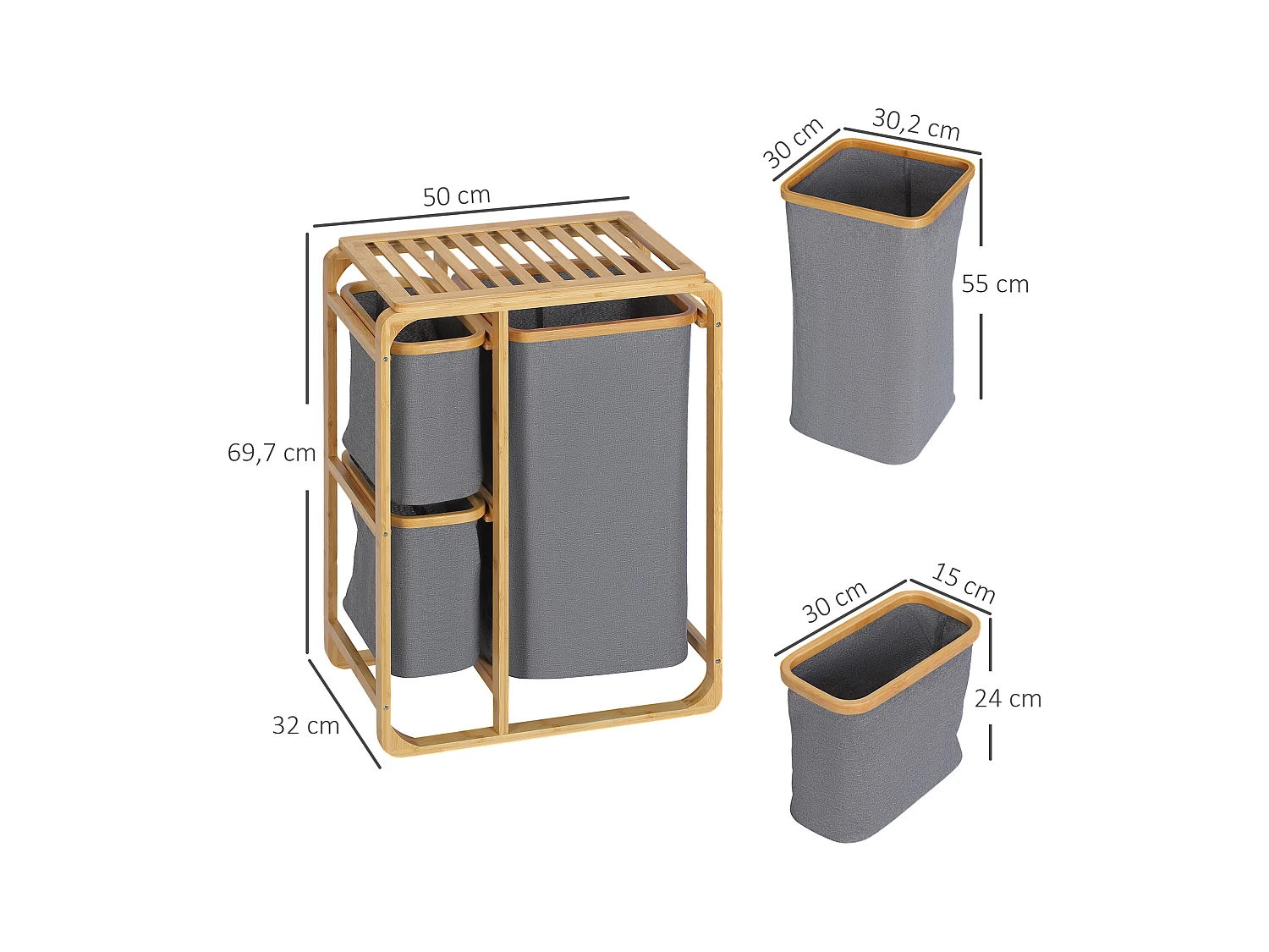 Wasmand met platform, 3 uitneembare zakken, bamboe en polyester, grijs+naturel (50x32x69,7 cm)