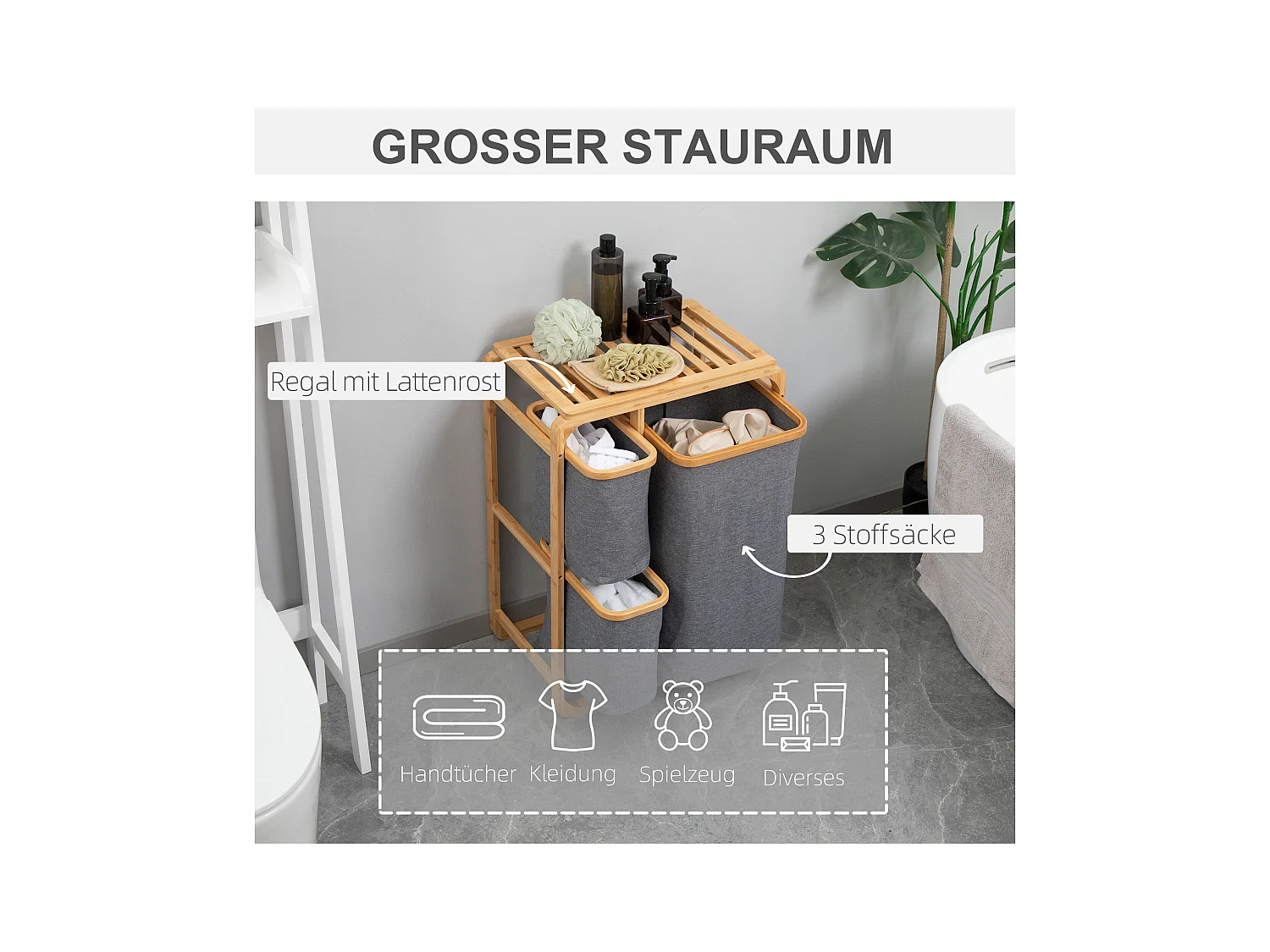 Wasmand met platform, 3 uitneembare zakken, bamboe en polyester, grijs+naturel (50x32x69,7 cm)