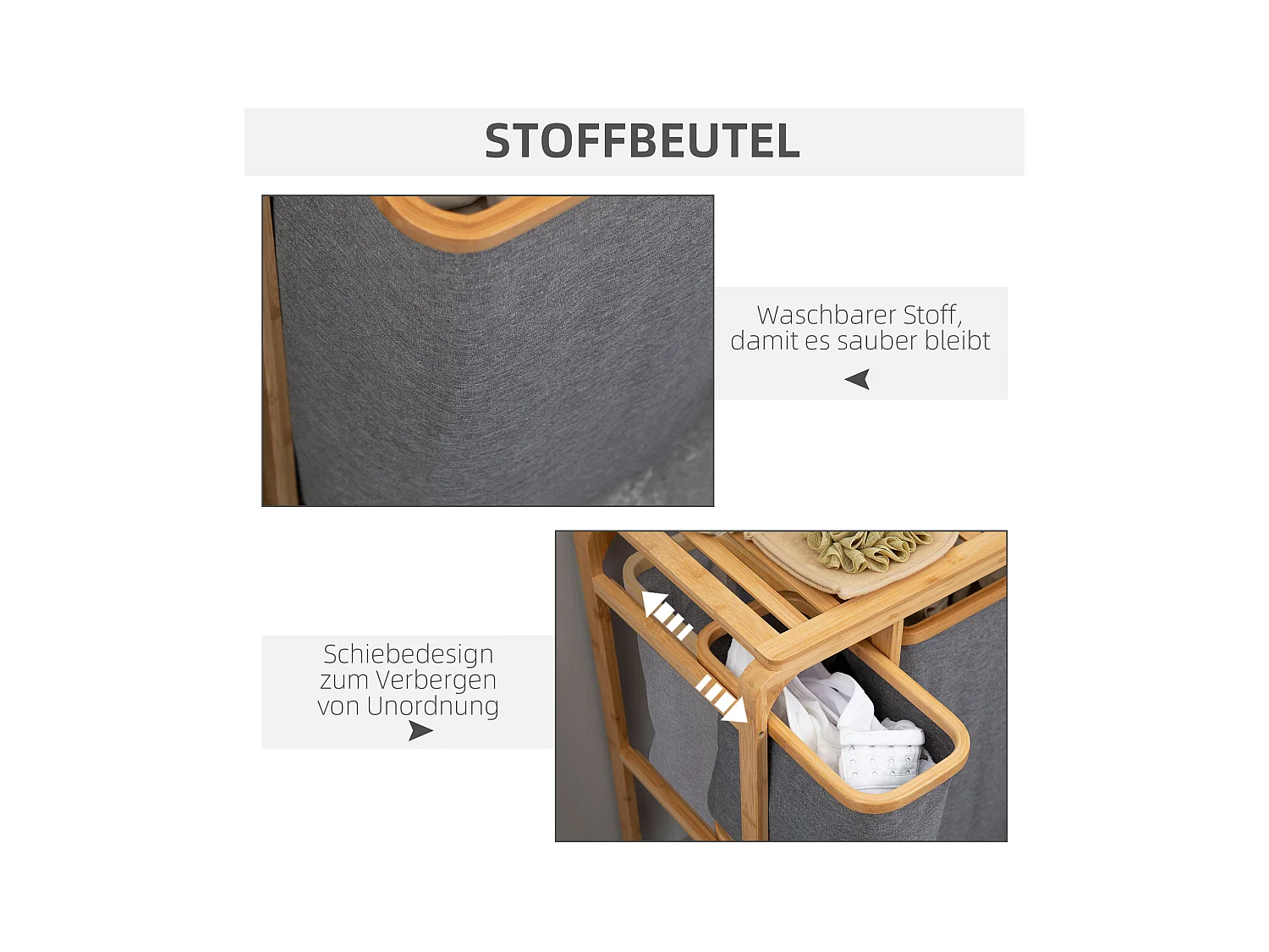 Wasmand met platform, 3 uitneembare zakken, bamboe en polyester, grijs+naturel (50x32x69,7 cm)