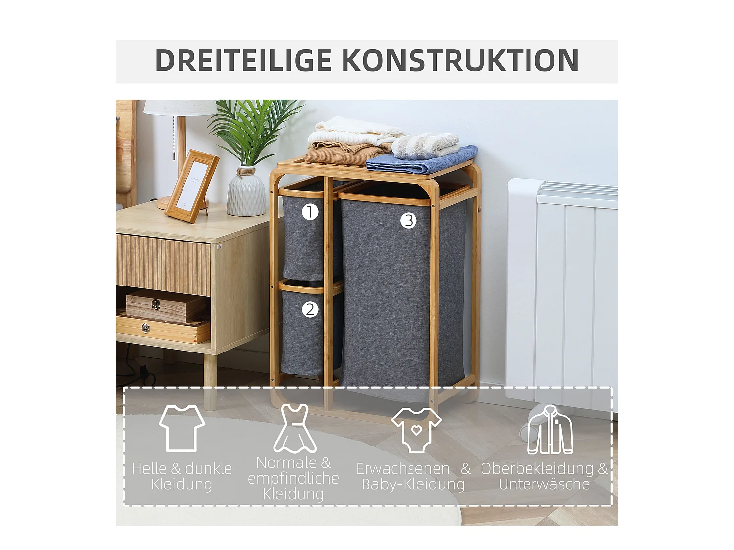 Wasmand met platform, 3 uitneembare zakken, bamboe en polyester, grijs+naturel (50x32x69,7 cm)