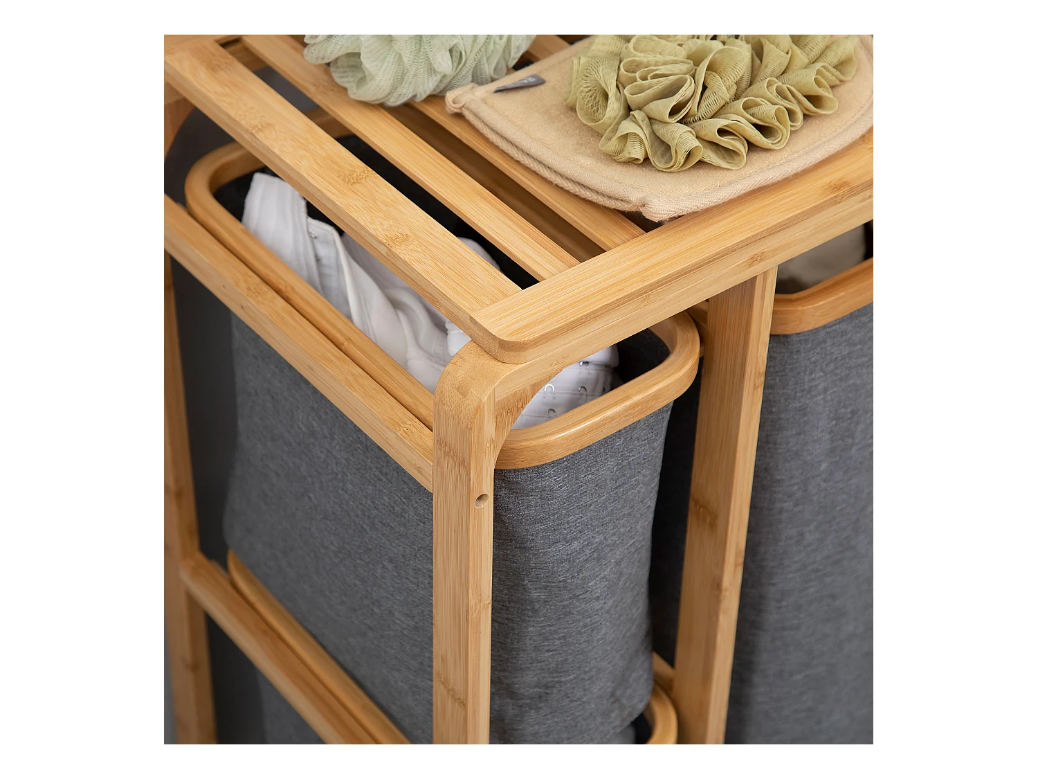 Wasmand met platform, 3 uitneembare zakken, bamboe en polyester, grijs+naturel (50x32x69,7 cm)