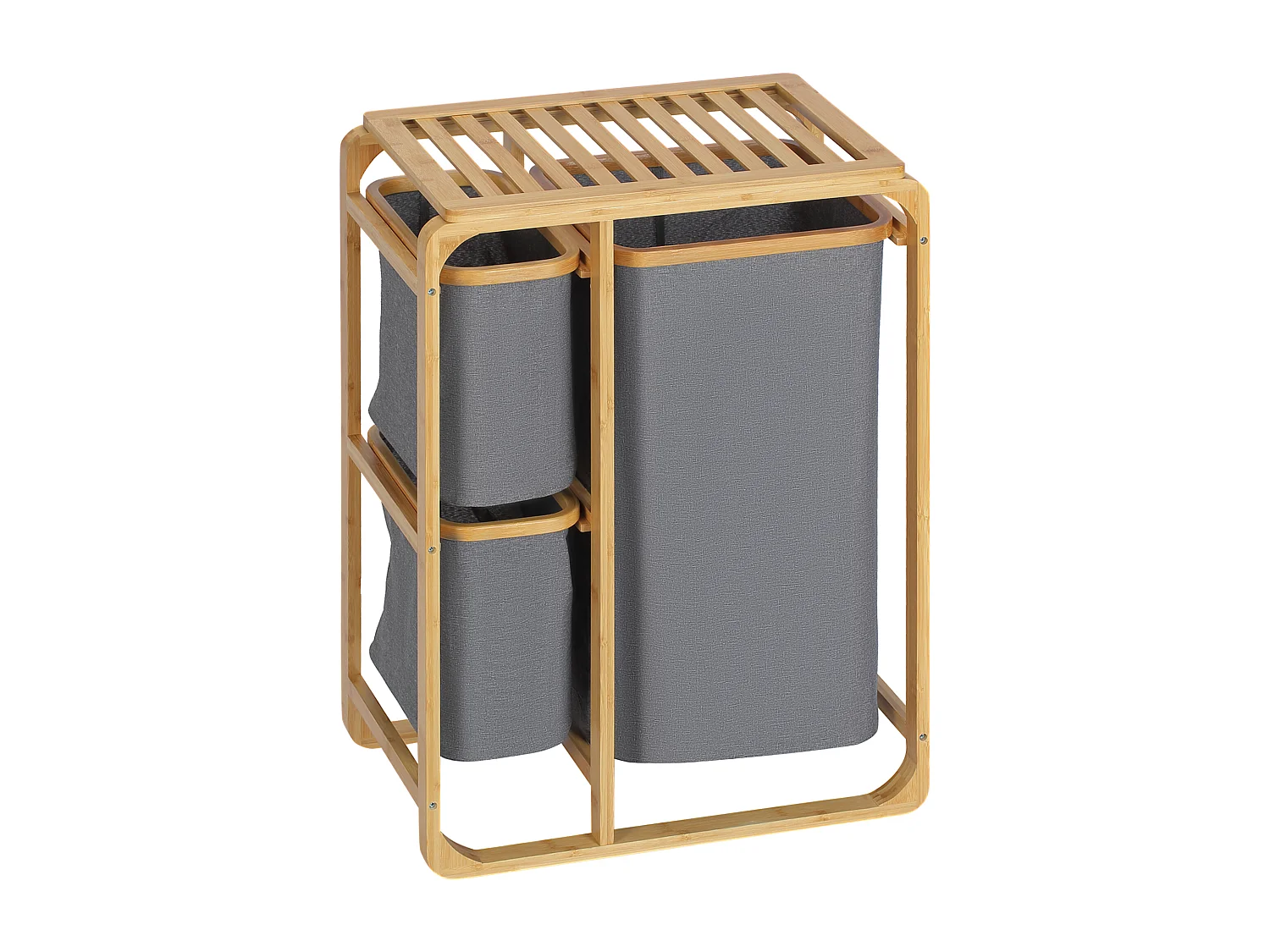 Panier à linge avec plateforme, 3 sacs amovibles, bambou et polyester, gris+naturel (50x32x69.7 cm)