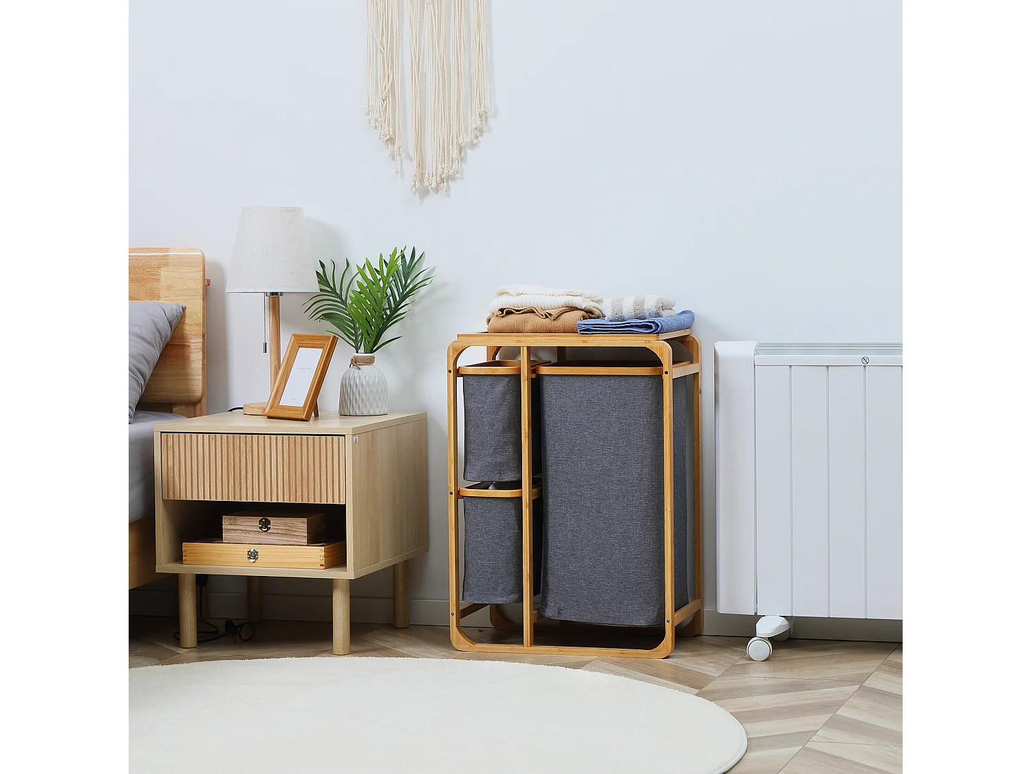 Panier à linge avec plateforme, 3 sacs amovibles, bambou et polyester, gris+naturel (50x32x69.7 cm)