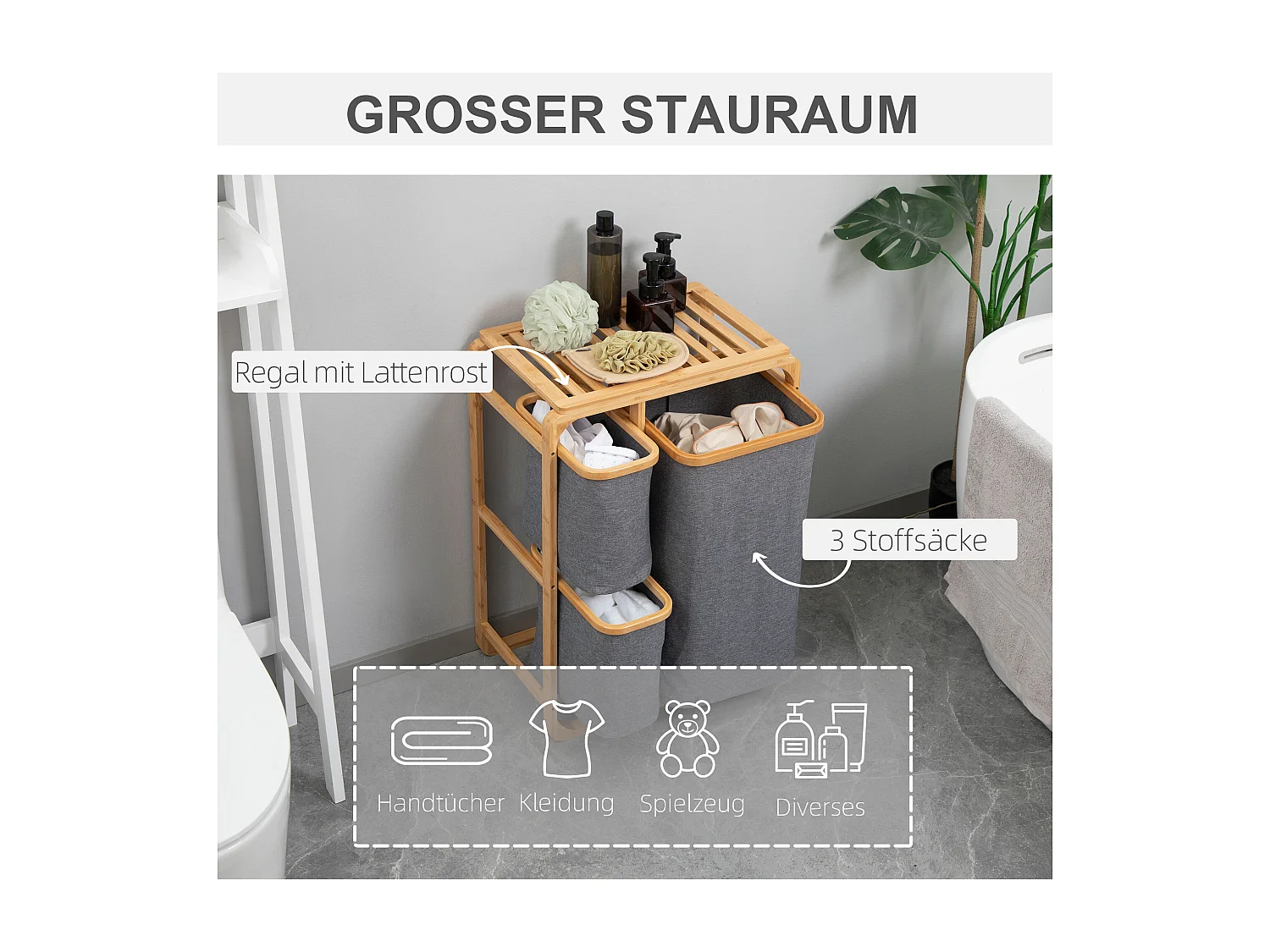 Panier à linge avec plateforme, 3 sacs amovibles, bambou et polyester, gris+naturel (50x32x69.7 cm)