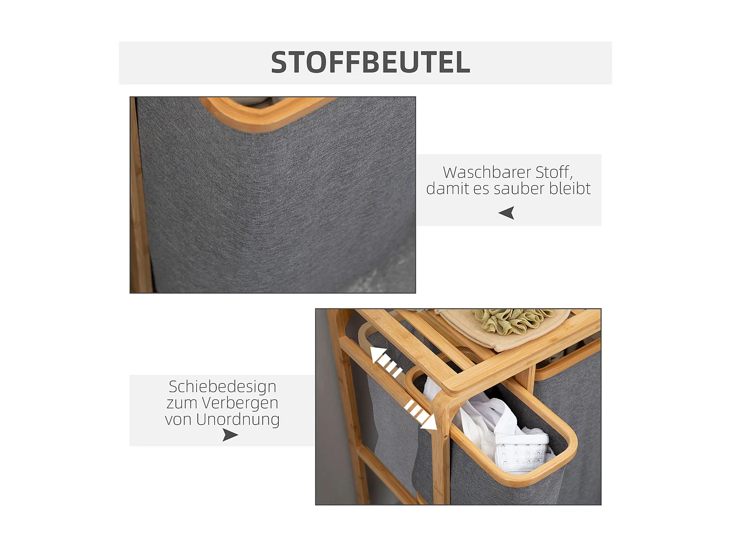 Panier à linge avec plateforme, 3 sacs amovibles, bambou et polyester, gris+naturel (50x32x69.7 cm)