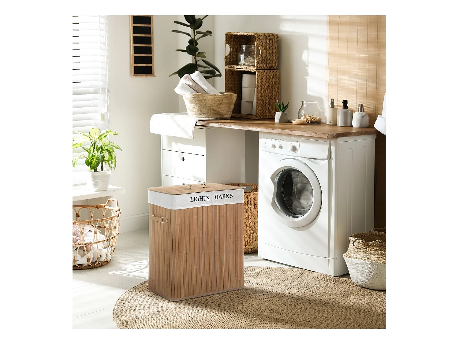 Panier à linge 100L avec couvercle, sac en toile de bambou, naturel, (52x32x63 cm)