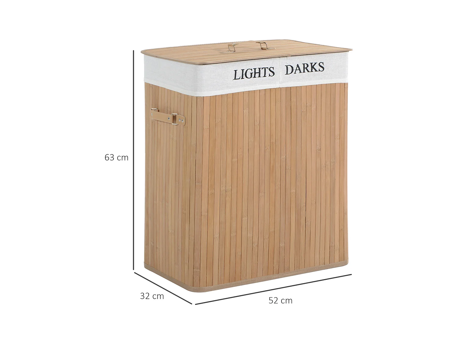 Panier à linge 100L avec couvercle, sac en toile de bambou, naturel, (52x32x63 cm)