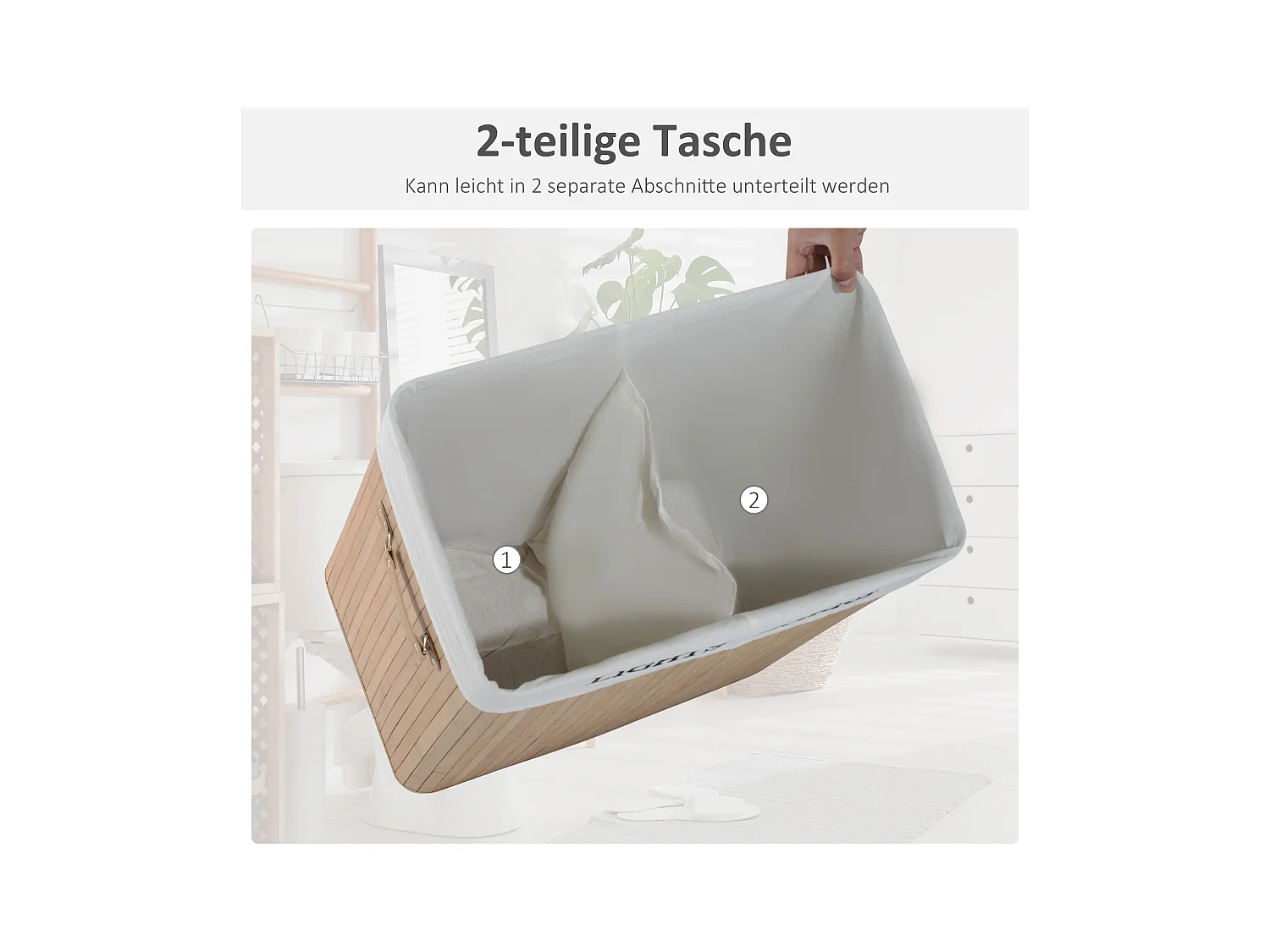 Panier à linge 100L avec couvercle, sac en toile de bambou, naturel, (52x32x63 cm)