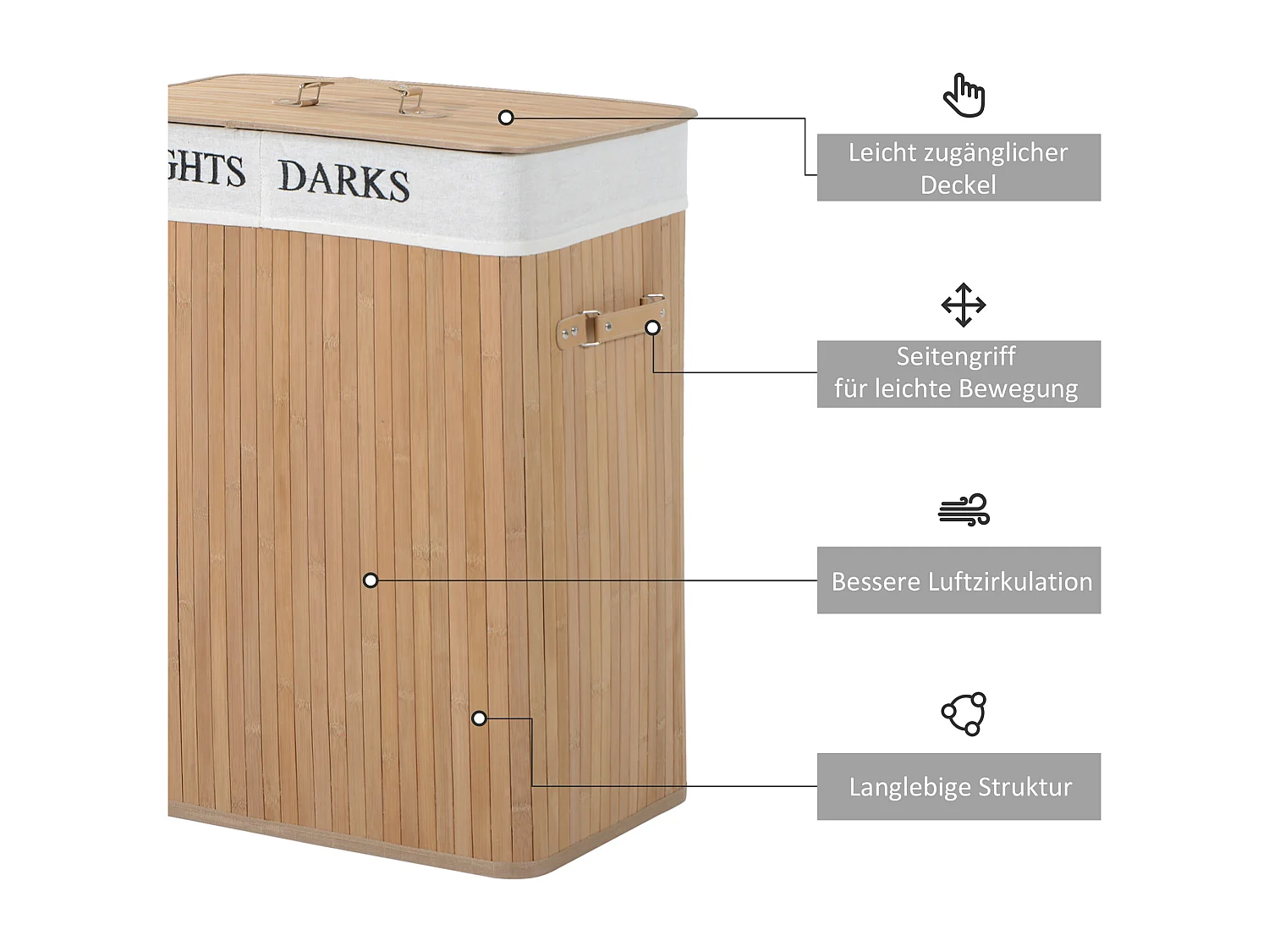 Panier à linge 100L avec couvercle, sac en toile de bambou, naturel, (52x32x63 cm)