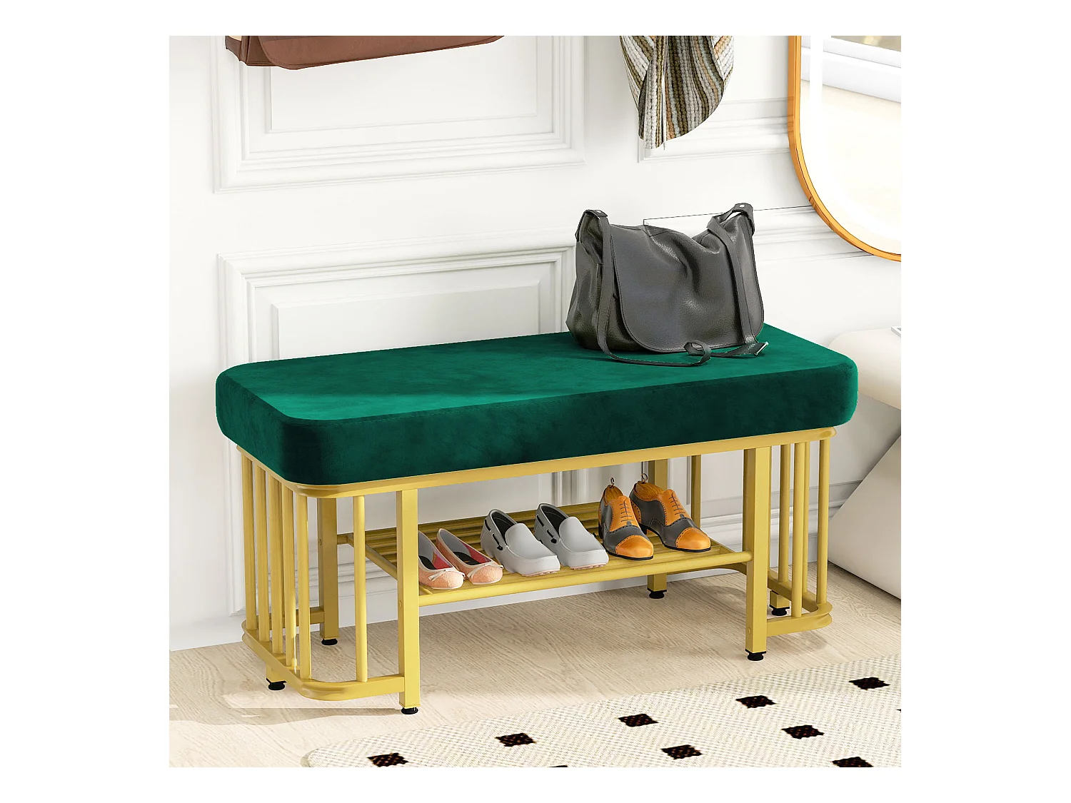 Banquette moderne pour chaussures avec assise en velours et cadre métallique, pieds ajustables, compact, vert et or (80x35x39.5 cm)