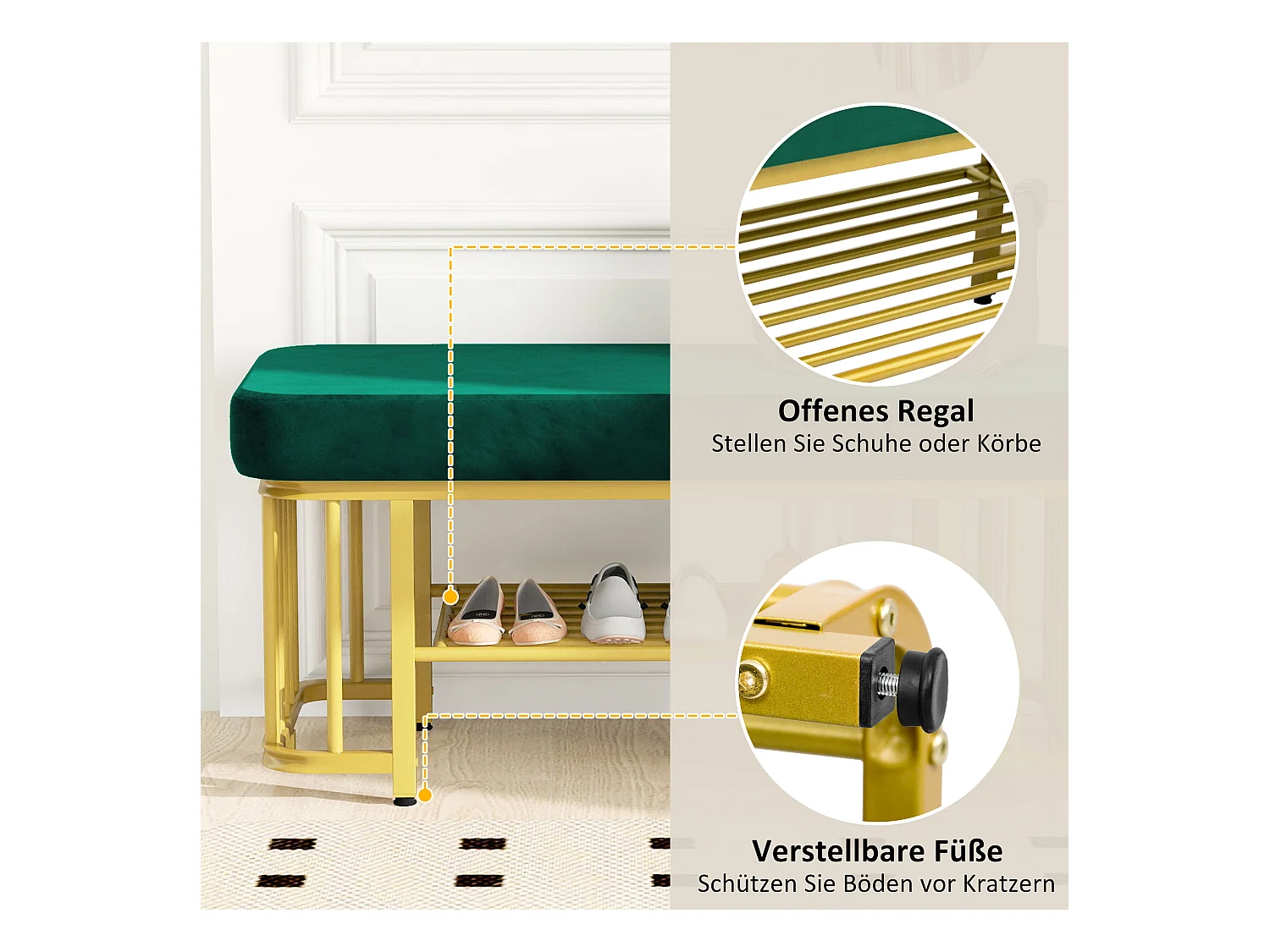 Banquette moderne pour chaussures avec assise en velours et cadre métallique, pieds ajustables, compact, vert et or (80x35x39.5 cm)