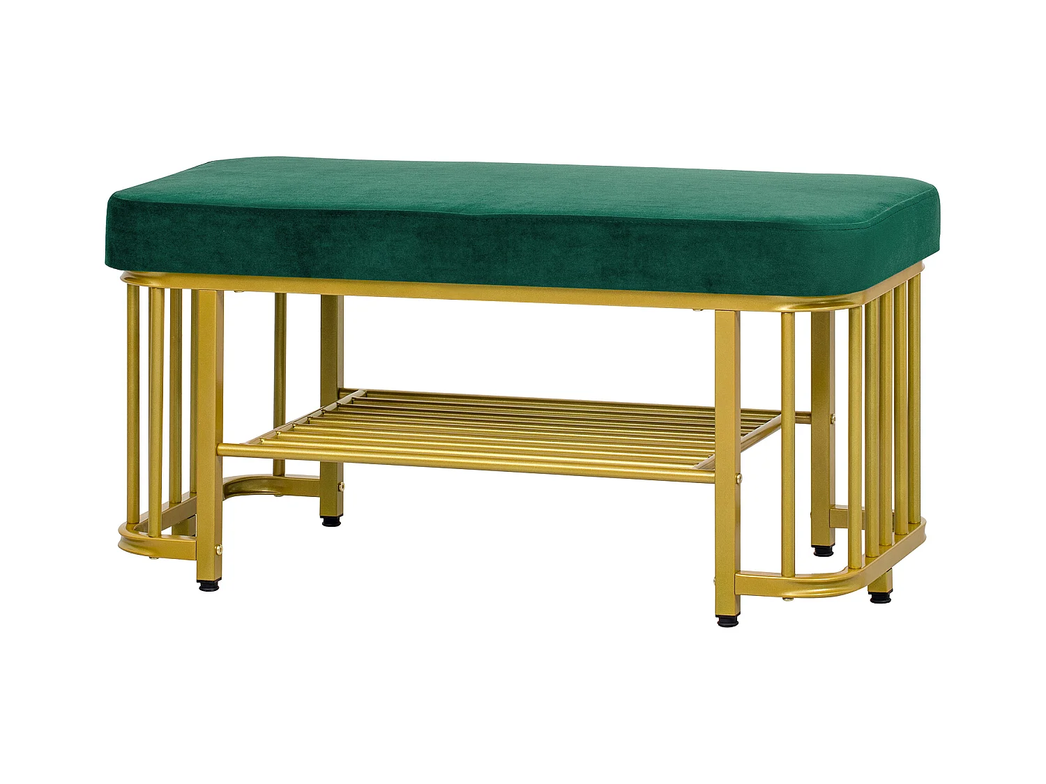 Banquette moderne pour chaussures avec assise en velours et cadre métallique, pieds ajustables, compact, vert et or (80x35x39.5 cm)