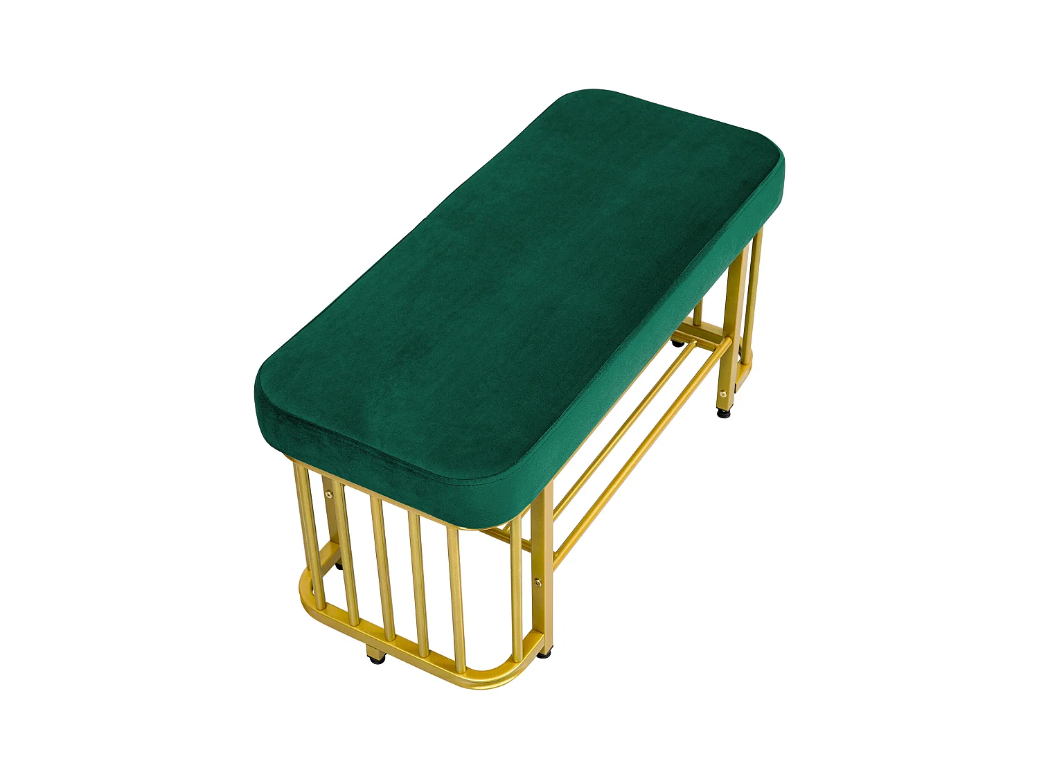Banquette moderne pour chaussures avec assise en velours et cadre métallique, pieds ajustables, compact, vert et or (80x35x39.5 cm)
