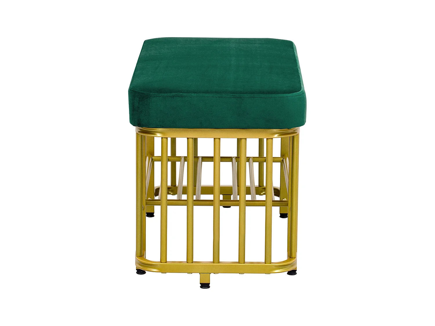 Banquette moderne pour chaussures avec assise en velours et cadre métallique, pieds ajustables, compact, vert et or (80x35x39.5 cm)