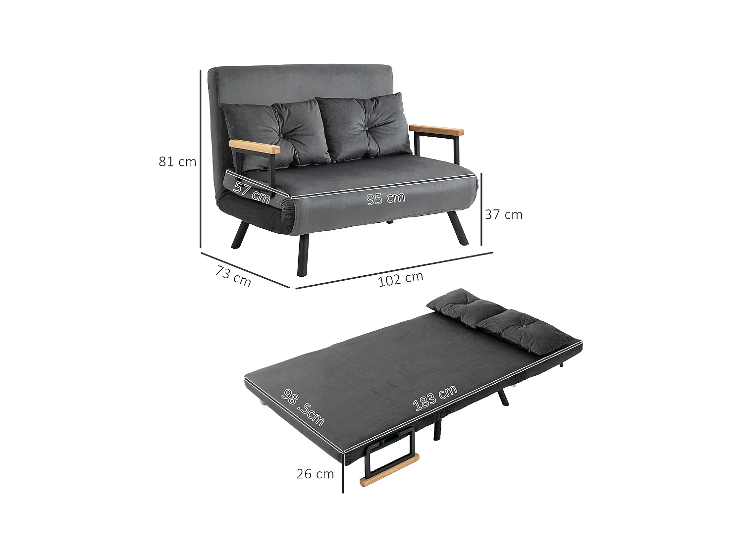 Slaapbank met opbergruimte, fluweel, kussens, staal, donkergrijs (102x73x81cm)