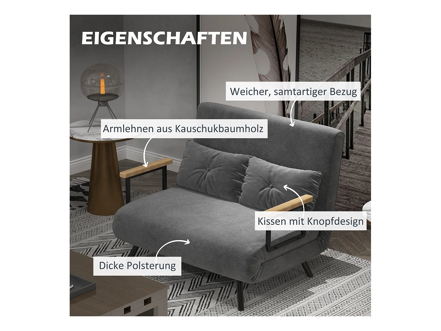 Slaapbank met opbergruimte, fluweel, kussens, staal, donkergrijs (102x73x81cm)