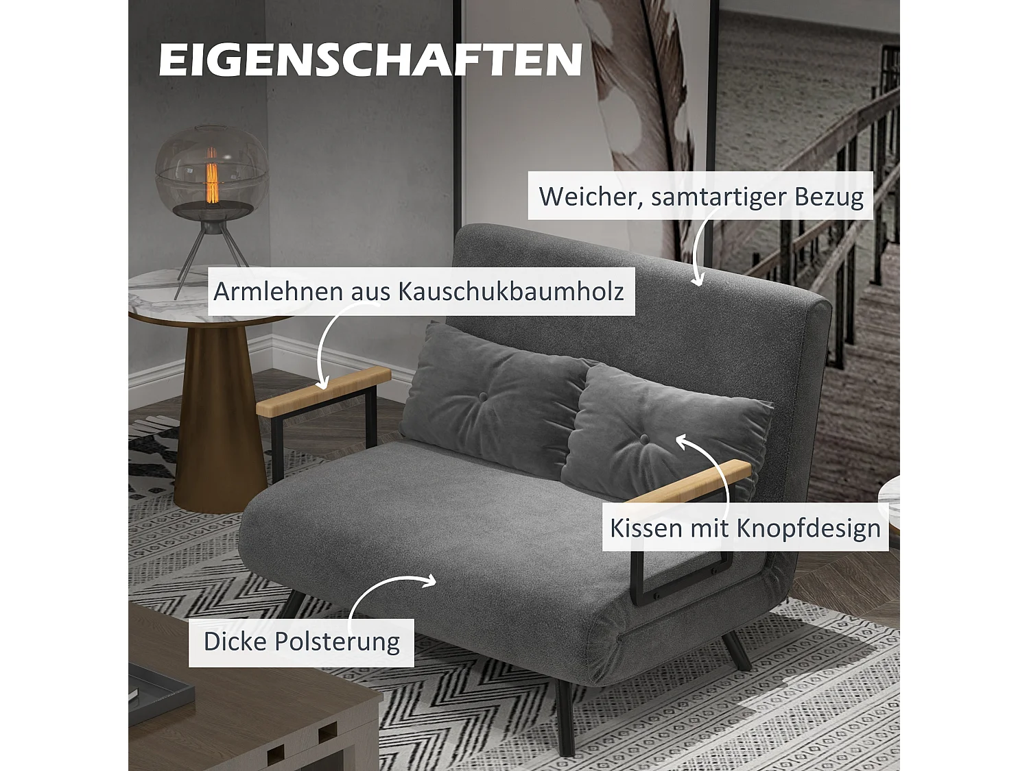 Slaapbank met opbergruimte, fluweel, kussens, staal, donkergrijs (102x73x81cm)