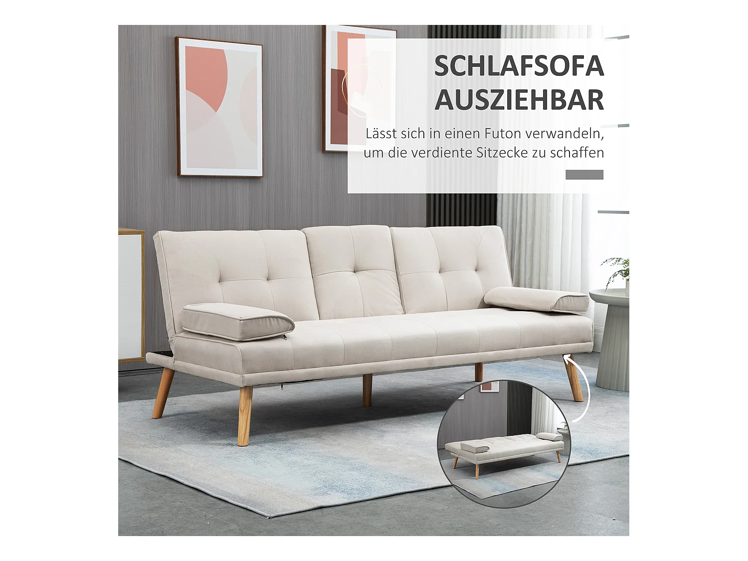 Canapé-lit 3 places avec table rabattable, tissu lin, design scandinave, beige (181x77x78cm)