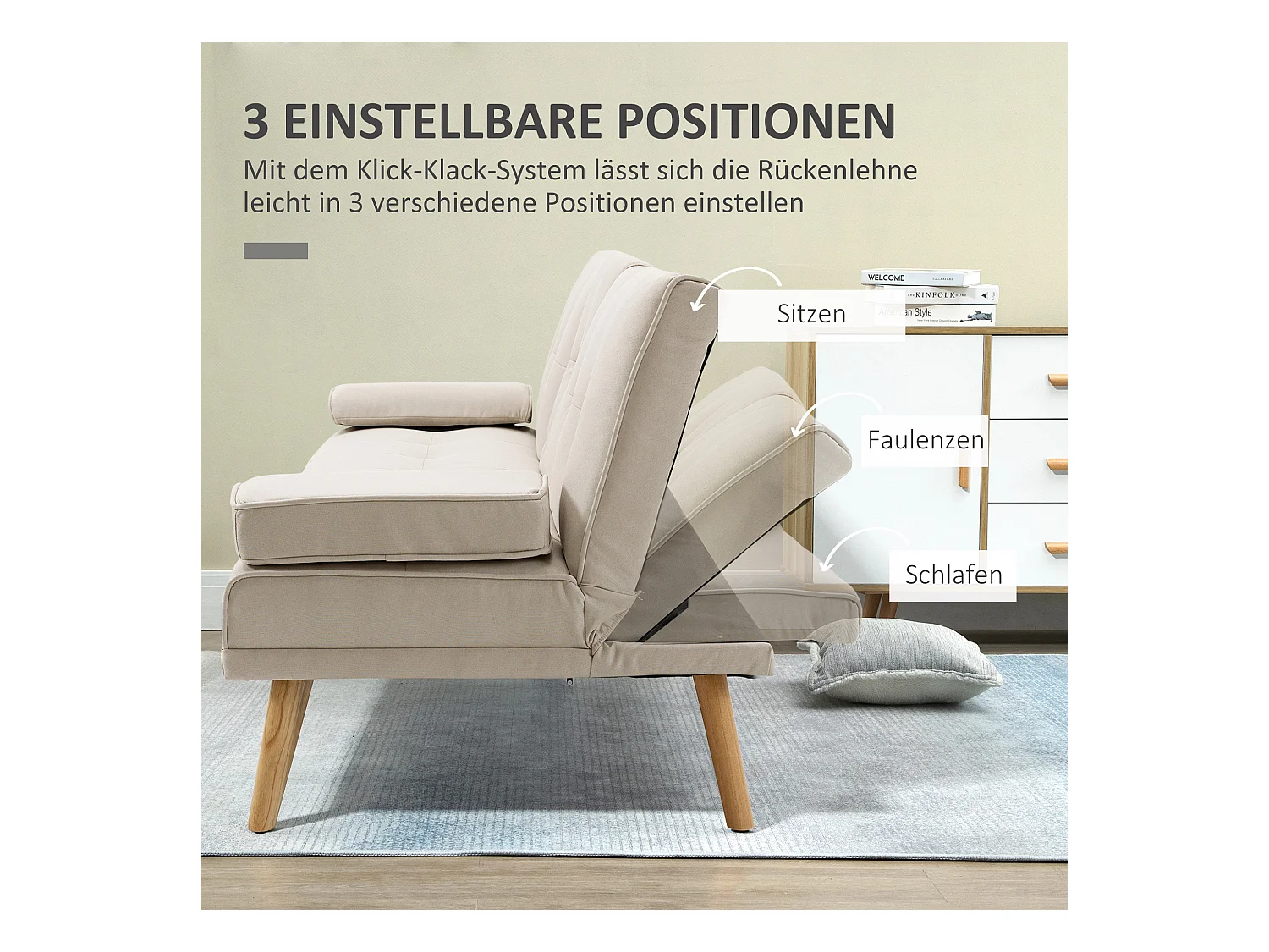 Canapé-lit 3 places avec table rabattable, tissu lin, design scandinave, beige (181x77x78cm)