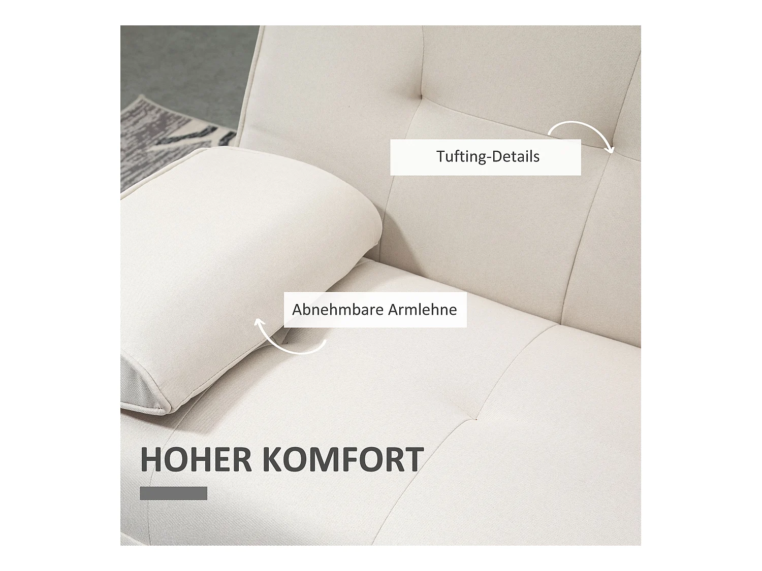 Canapé-lit 3 places avec table rabattable, tissu lin, design scandinave, beige (181x77x78cm)