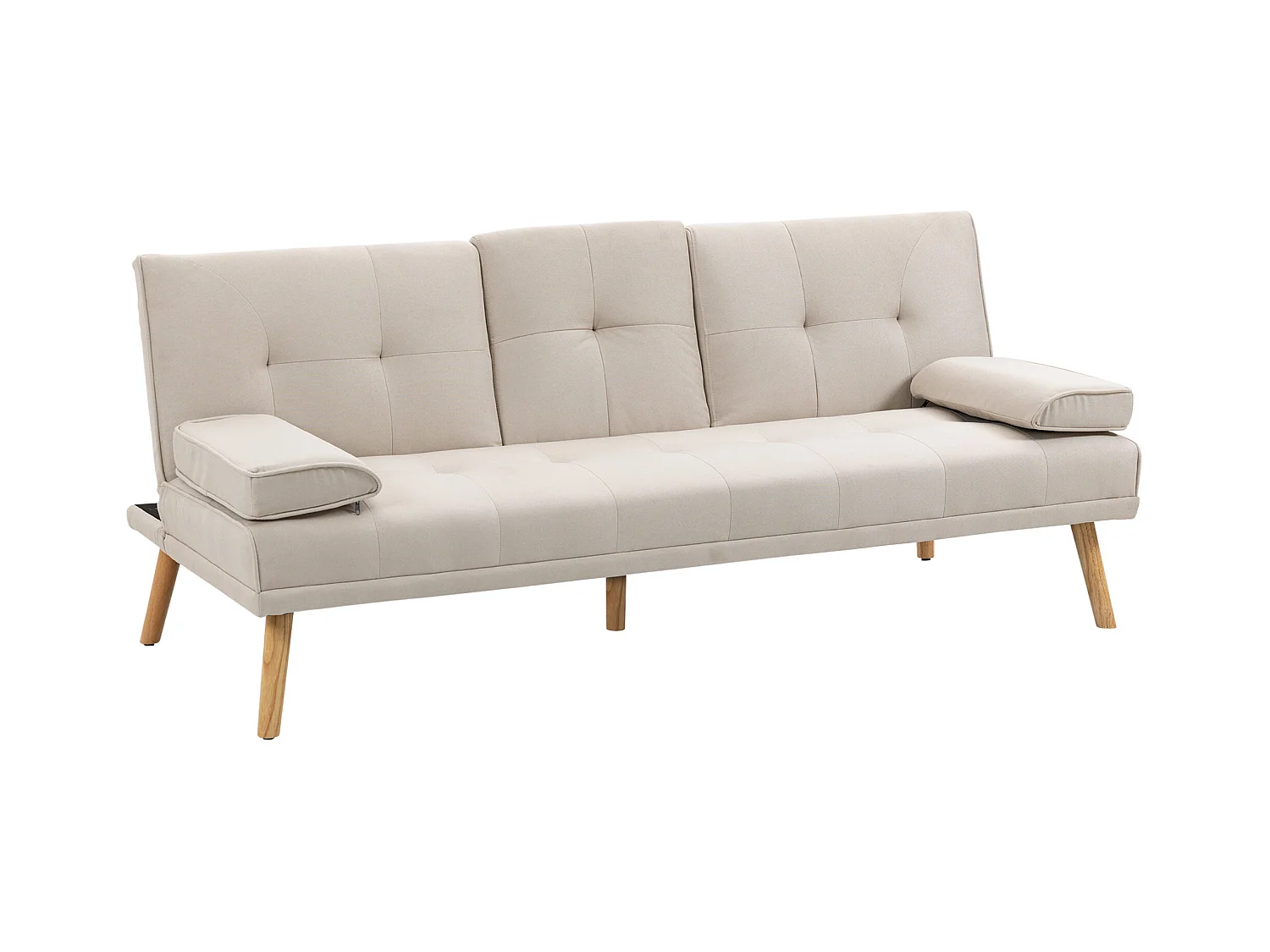 Canapé-lit 3 places avec table rabattable, tissu lin, design scandinave, beige (181x77x78cm)