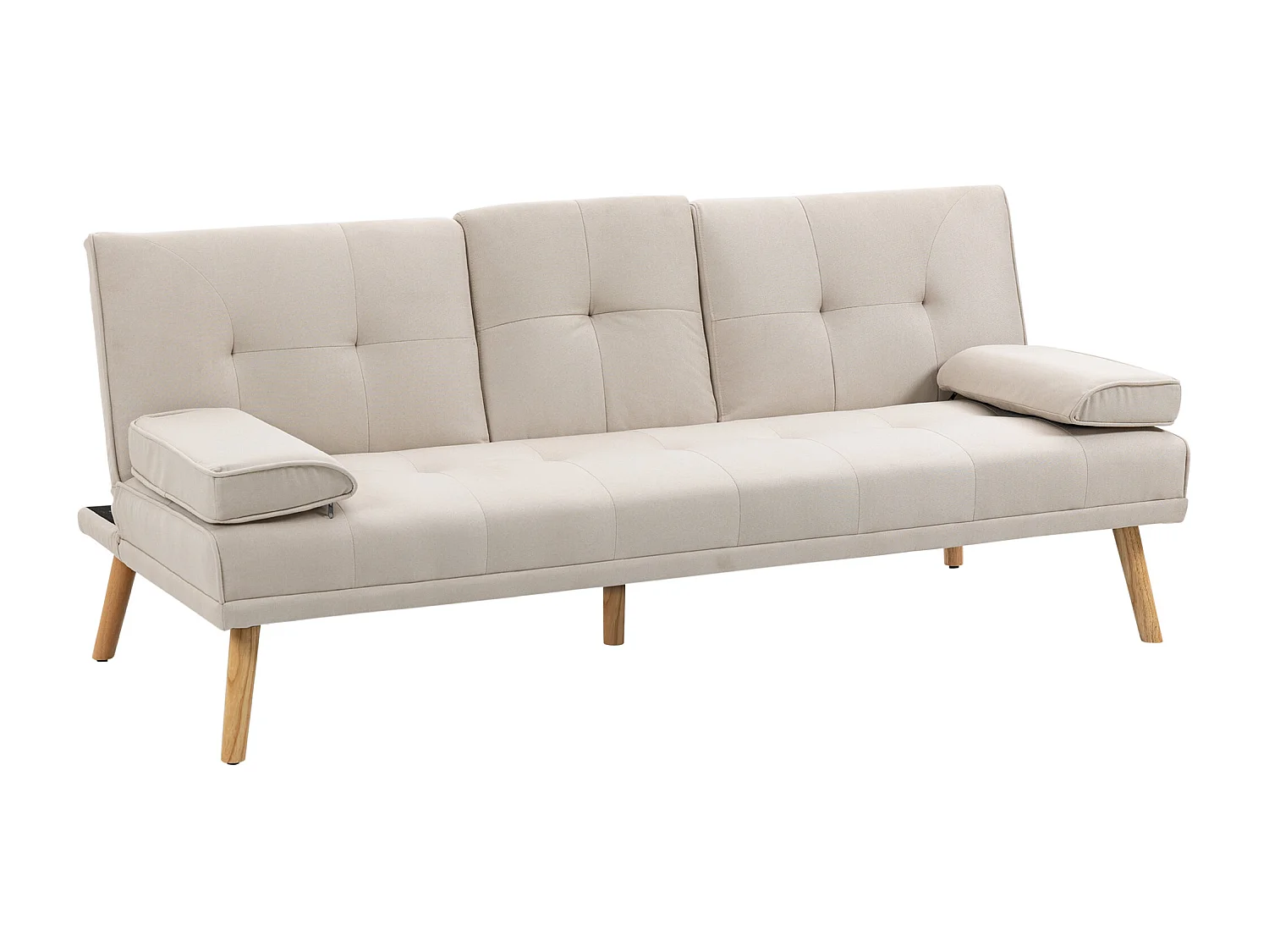 3-zits slaapbank met uitklapbare tafel, linnen stof, Scandinavisch design, beige (181x77x78cm)