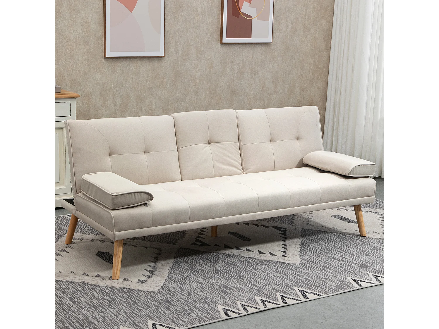 3-zits slaapbank met uitklapbare tafel, linnen stof, Scandinavisch design, beige (181x77x78cm)