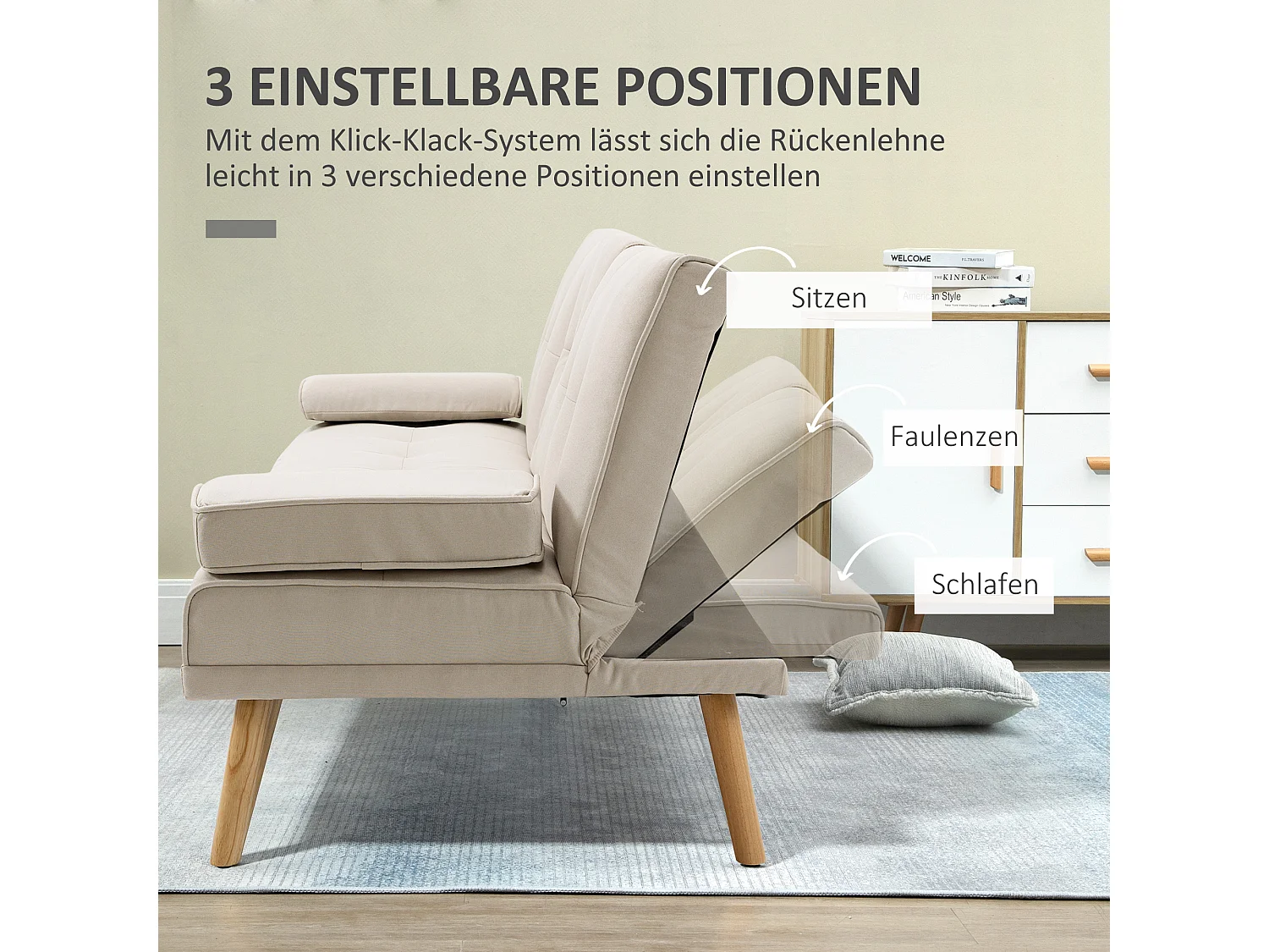 3-zits slaapbank met uitklapbare tafel, linnen stof, Scandinavisch design, beige (181x77x78cm)