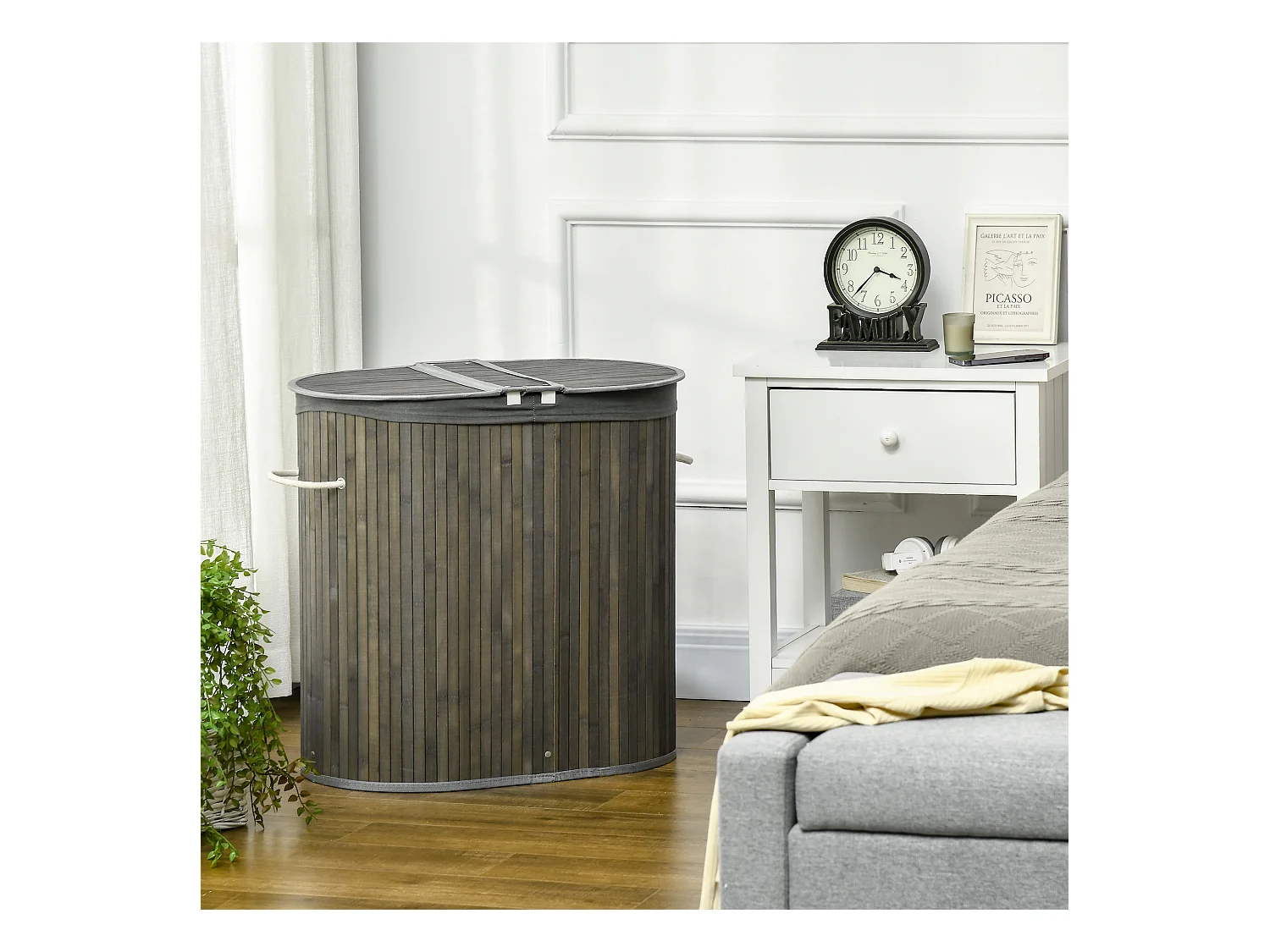 Bamboe wasmand met deksel, 100 liter, 2 uitneembare zakken, grijs (62,5 x 37 x 60,5 cm)