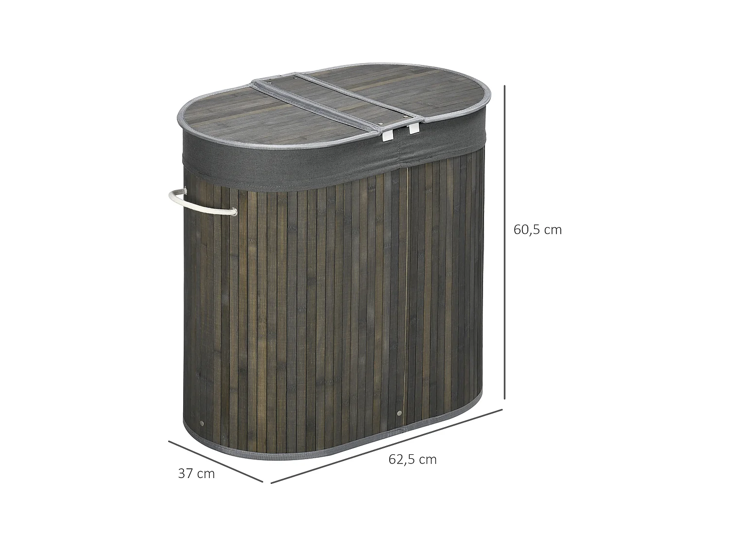 Bamboe wasmand met deksel, 100 liter, 2 uitneembare zakken, grijs (62,5 x 37 x 60,5 cm)