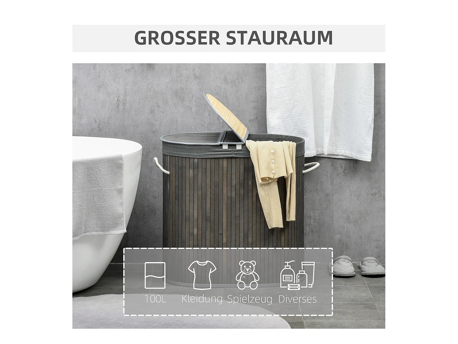 Panier à linge en bambou, avec couvercle, 100L, 2 sacs amovibles, gris (62.5x37x60.5 cm)