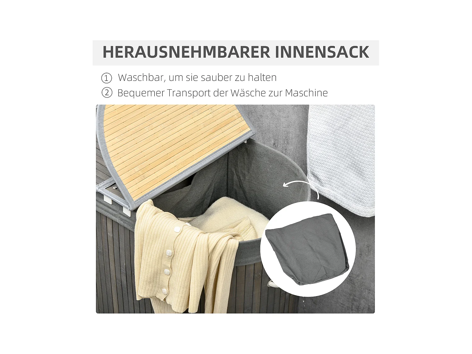 Panier à linge en bambou, avec couvercle, 100L, 2 sacs amovibles, gris (62.5x37x60.5 cm)
