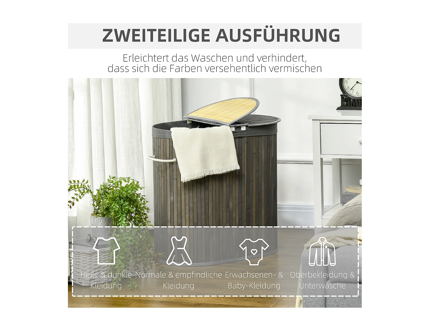 Panier à linge en bambou, avec couvercle, 100L, 2 sacs amovibles, gris (62.5x37x60.5 cm)