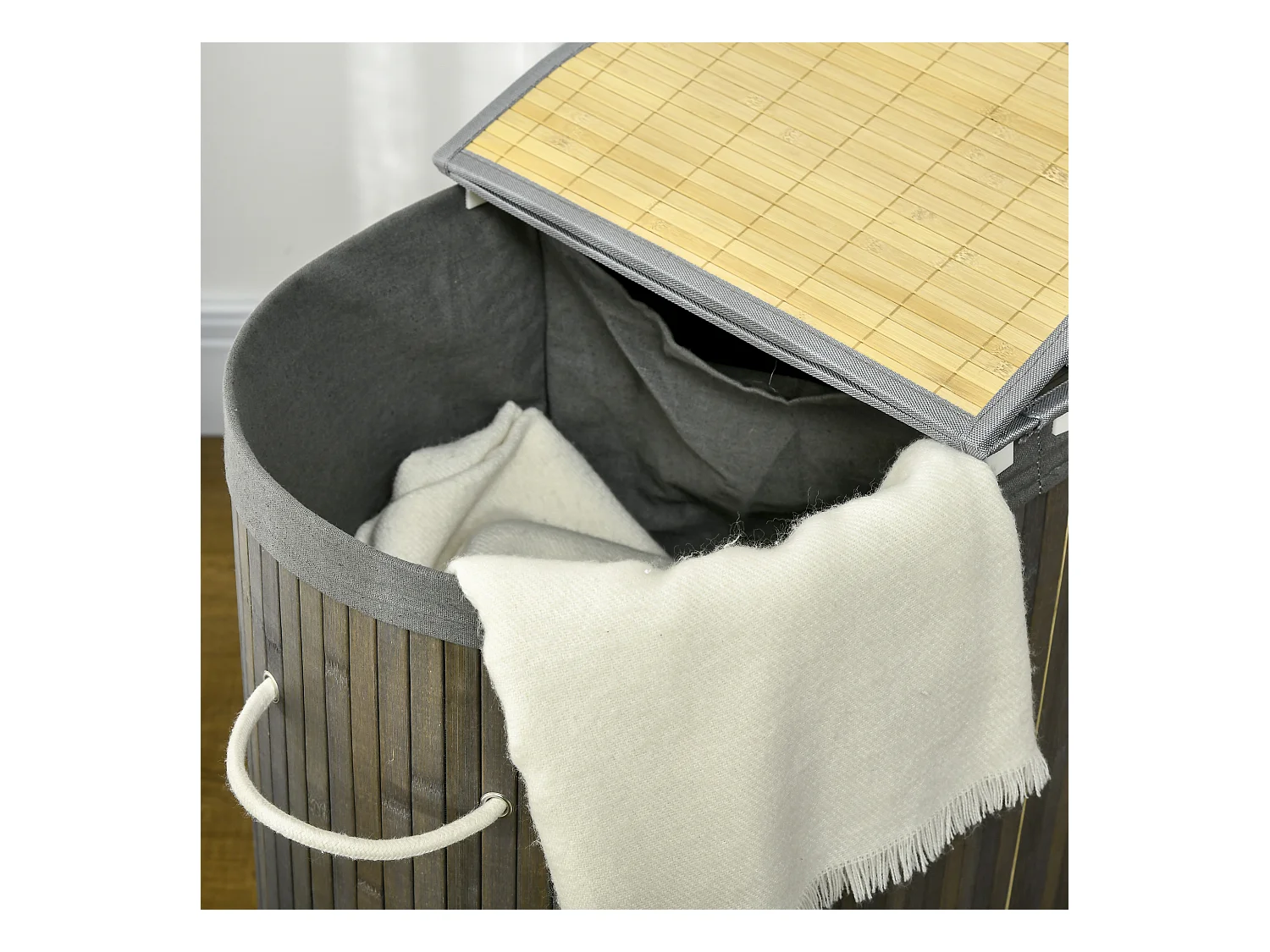 Panier à linge en bambou, avec couvercle, 100L, 2 sacs amovibles, gris (62.5x37x60.5 cm)