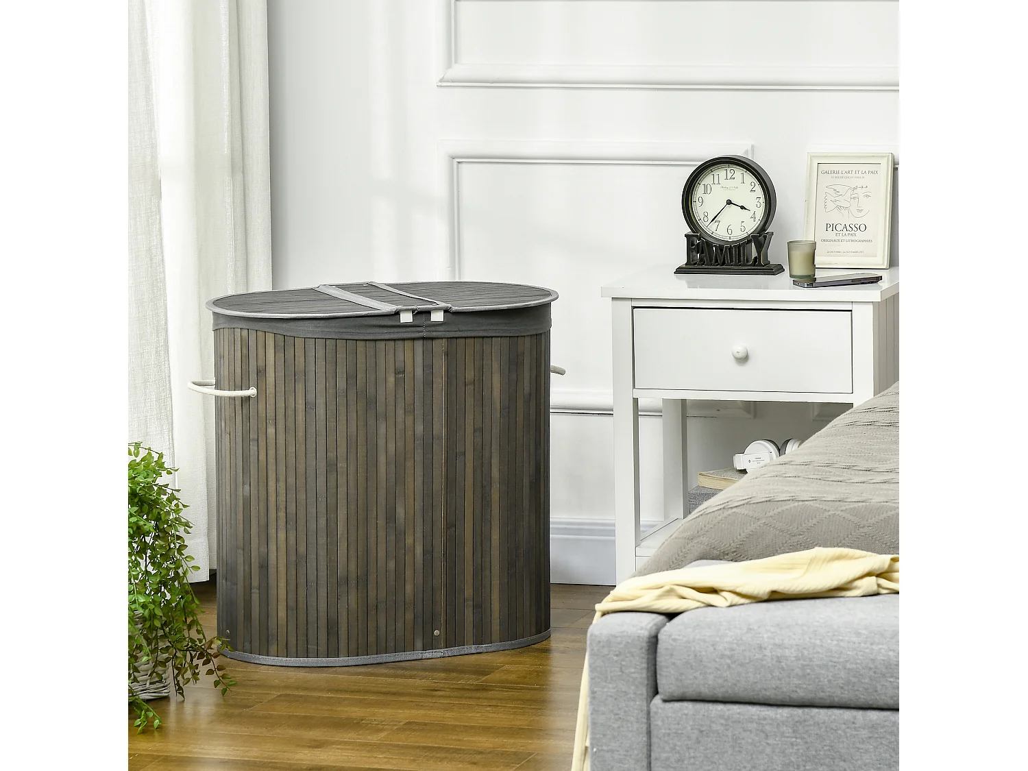 Panier à linge en bambou, avec couvercle, 100L, 2 sacs amovibles, gris (62.5x37x60.5 cm)