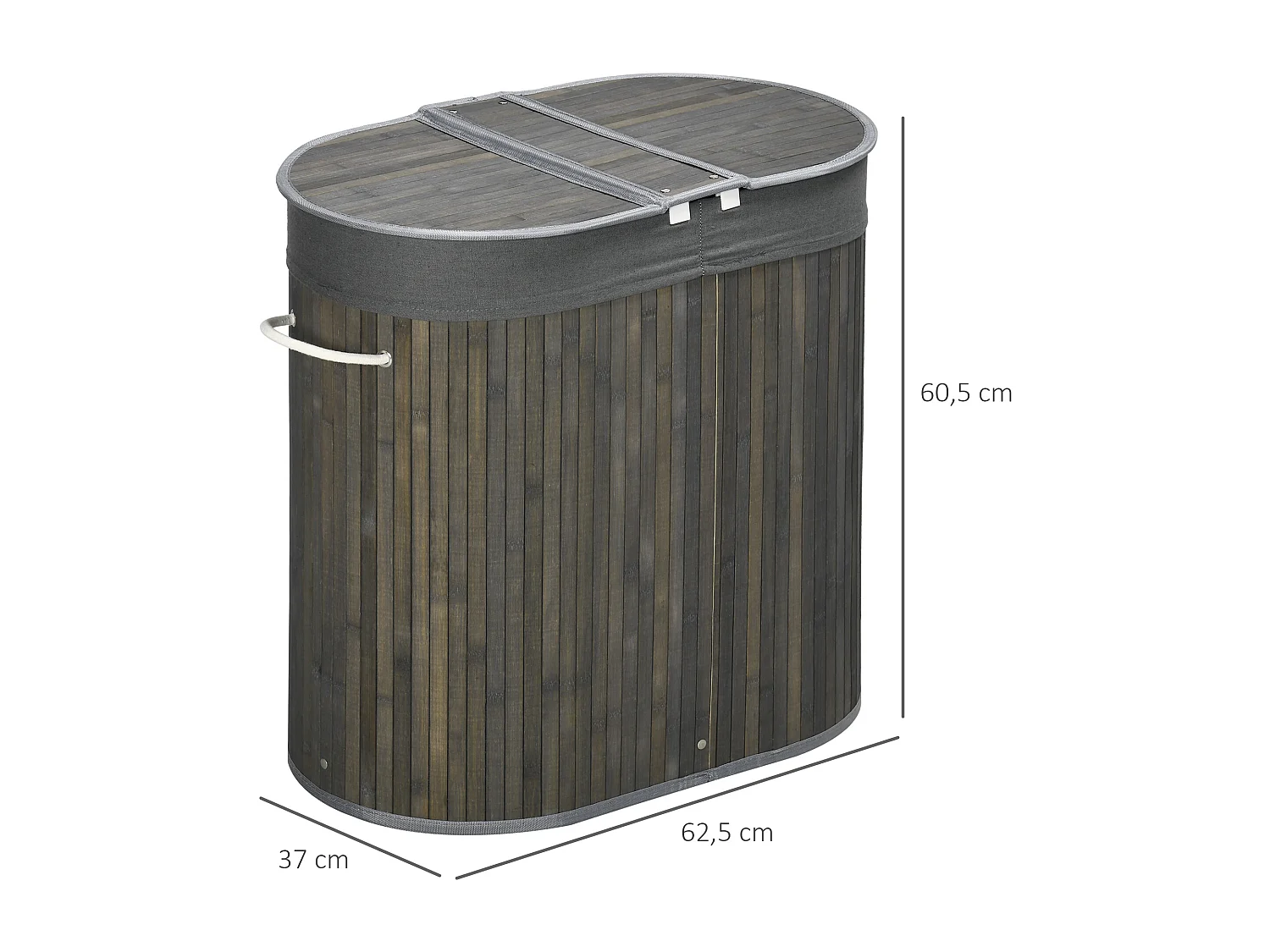 Panier à linge en bambou, avec couvercle, 100L, 2 sacs amovibles, gris (62.5x37x60.5 cm)
