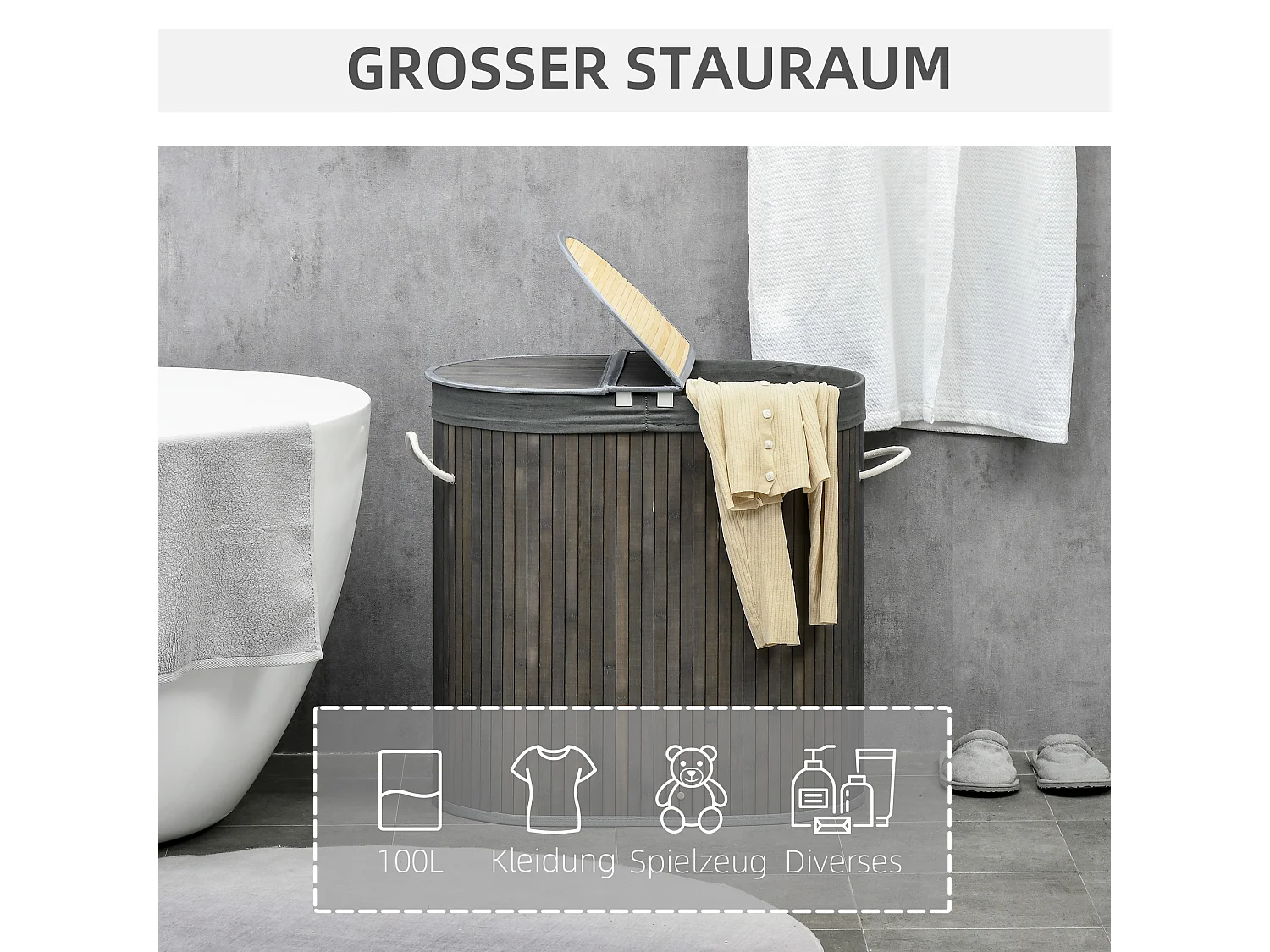 Panier à linge en bambou, avec couvercle, 100L, 2 sacs amovibles, gris (62.5x37x60.5 cm)