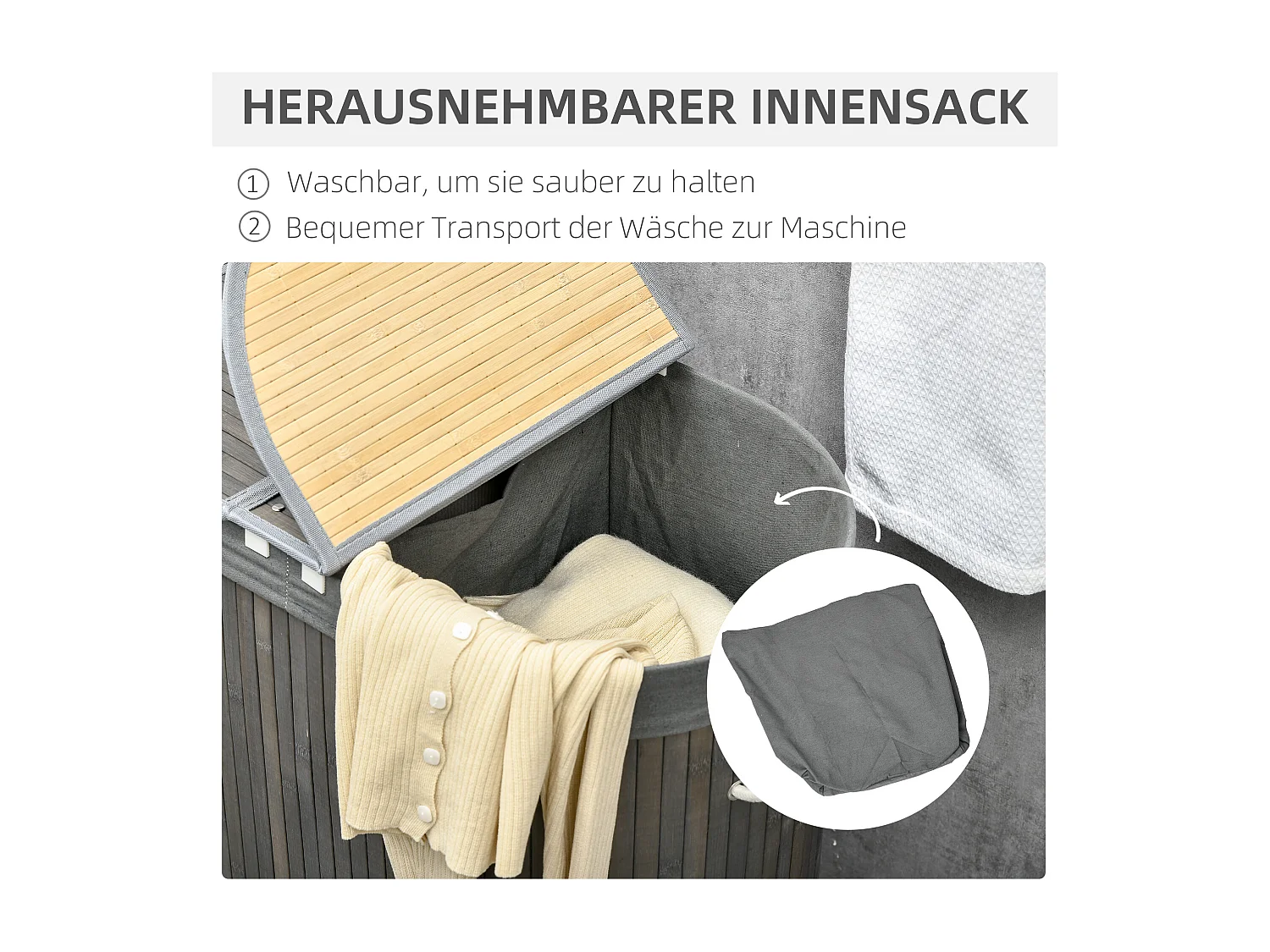 Panier à linge en bambou, avec couvercle, 100L, 2 sacs amovibles, gris (62.5x37x60.5 cm)